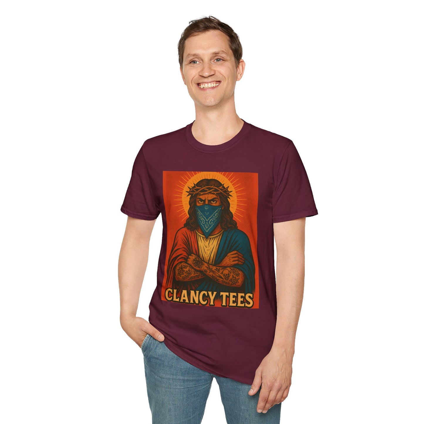 Gangsta Jesus Tattoo Shirt – Bold Religious Parody Tee with Face Mask – Street Art Style Graphic – Gift for Rebels, Sinners, and Faithful Rule-Breakers