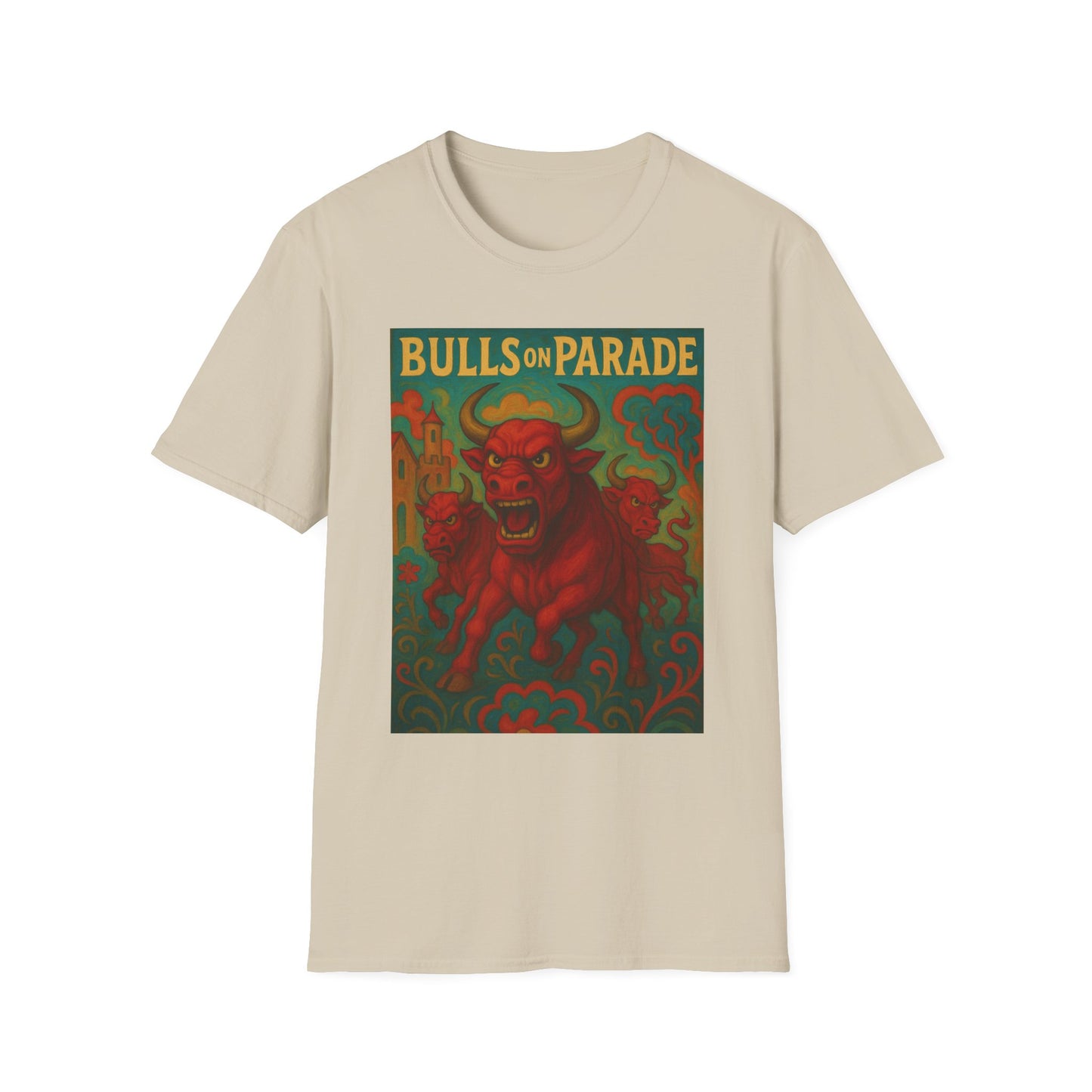 Bulls on Parade Shirt – Psychedelic Rage-Inspired Bull Graphic Tee • Gildan Softstyle® Unisex • Protest Art T-Shirt • Gift for Rage Fans