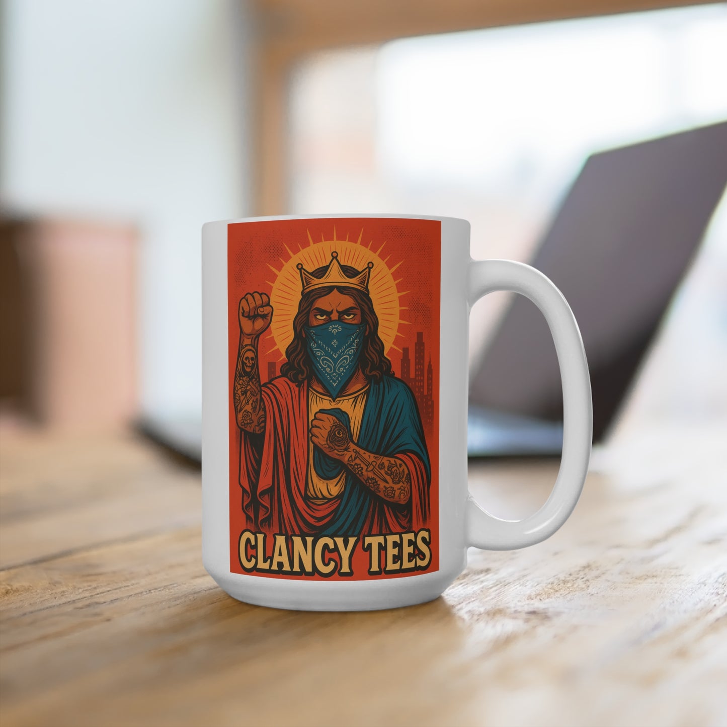 Rebel Jesus Coffee Mug – Bold Street Art 15oz Ceramic Cup, Tattooed Savior Artwork, Gift for Rebellious Coffee Lovers