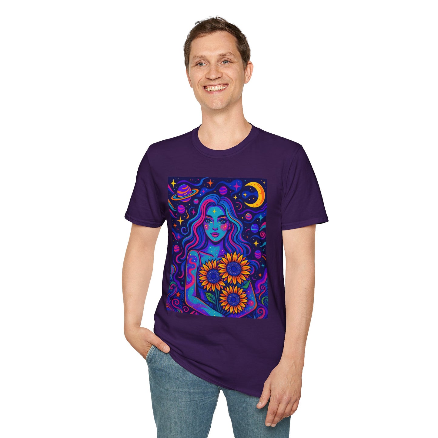 Psychedelic Sunflower Girl Shirt Trippy Space Goddess Tee Gift for Astrology Lovers Cosmic Art T Shirt for Hippies Star Gazers and Moon Magic Fans