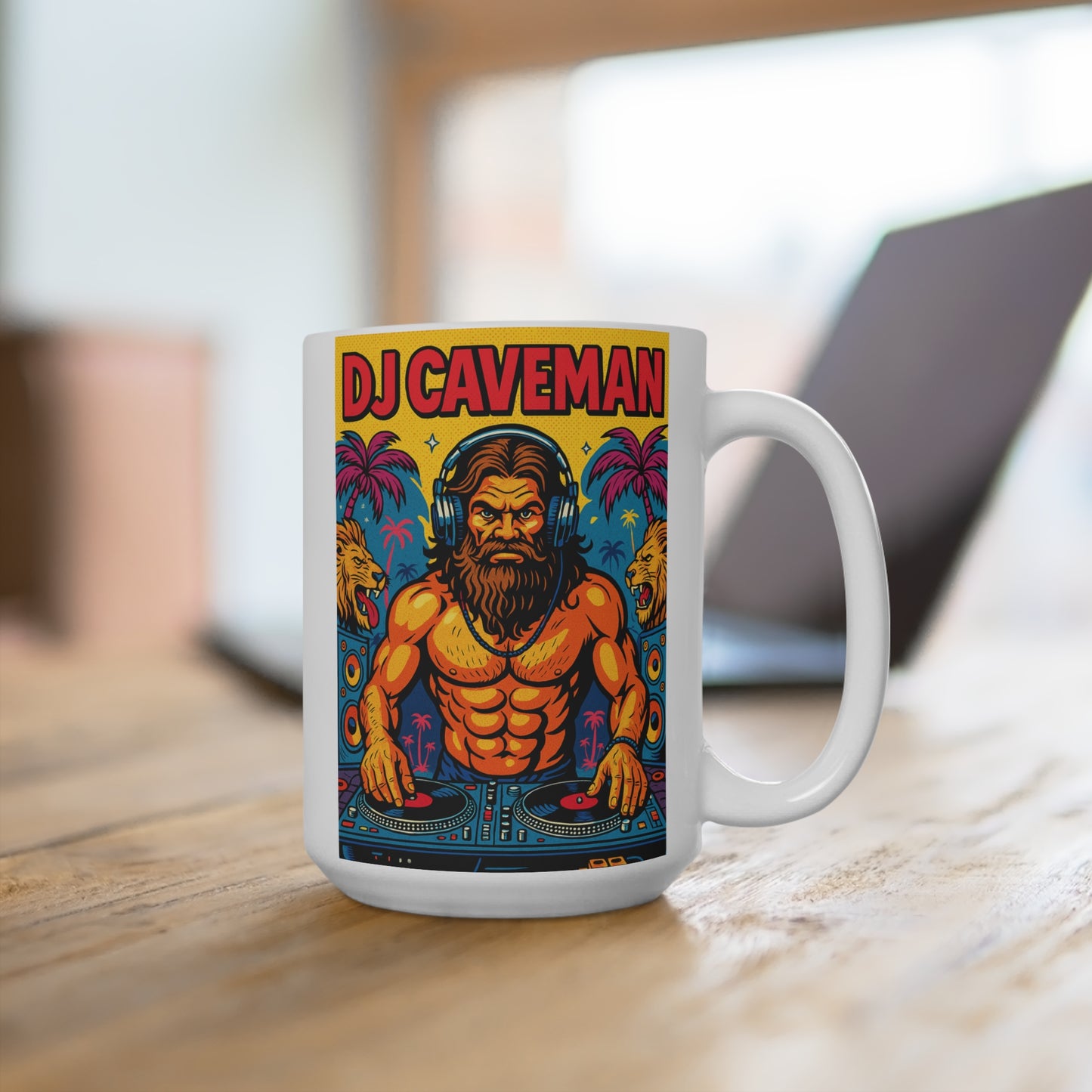 DJ Caveman Mug – Funny Coffee Cup With Prehistoric DJ Artwork, Retro Party Gift For Music Lovers
