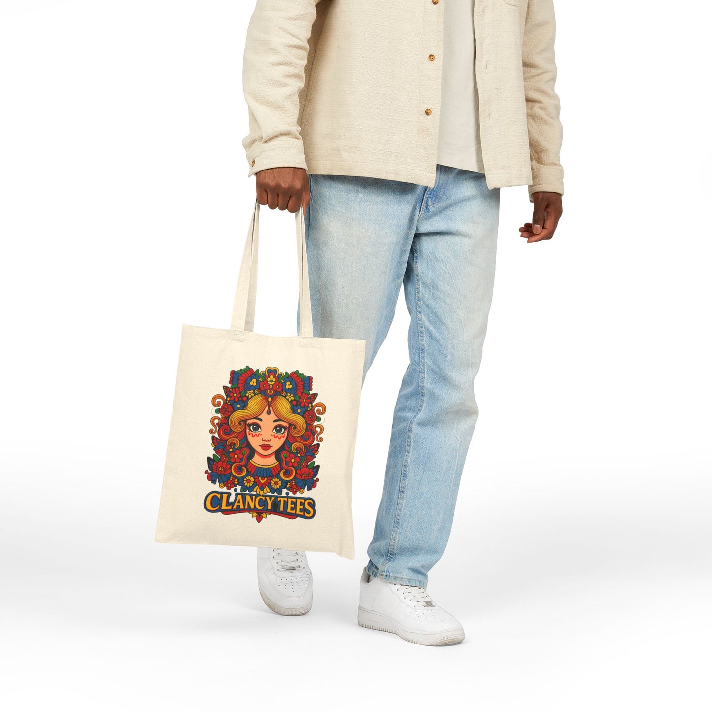 Psychedelic Art Tote Bag With Retro Floral Face Design Groovy Fashion Accessory Everyday Carry Bag Clancy Tees Artwork