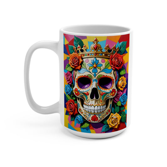 Sugar Skull Crown Mug – Colorful Day Of The Dead Coffee Cup, Gothic Skeleton Artwork, Boho Floral Gift