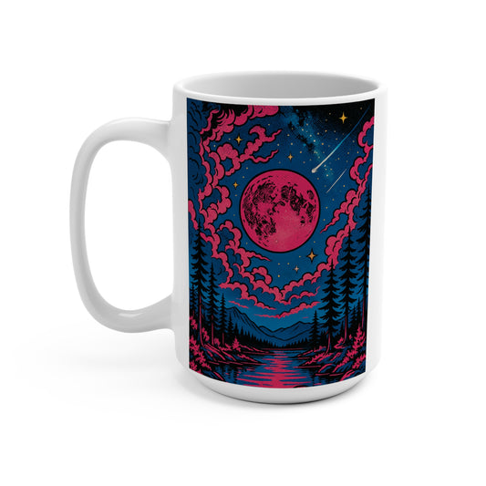 Trippy Cosmic Moon Mug – Psychedelic Pink Moon Coffee Cup With Surreal Night Sky, Nature Artwork, Gift For Stargazers