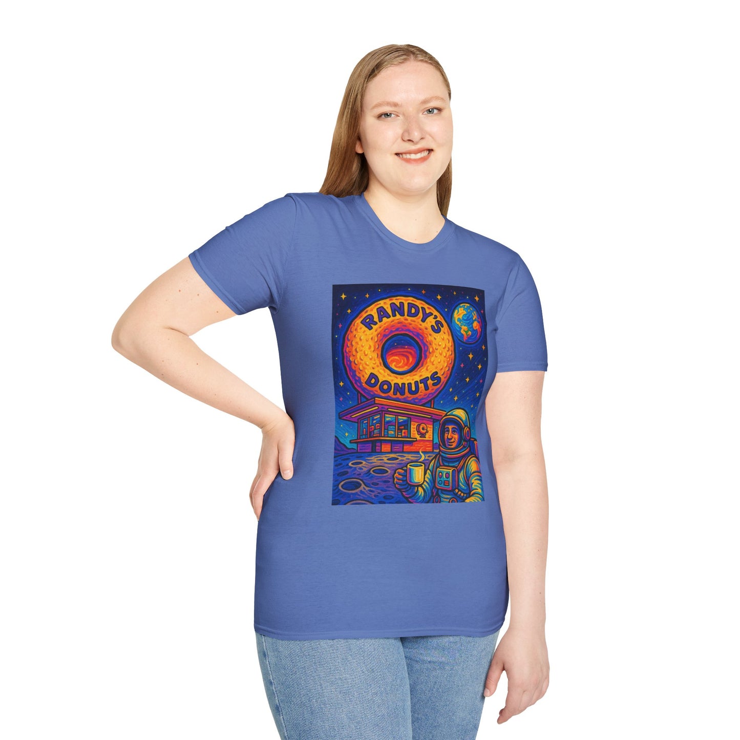 Space Donut T-Shirt – Retro Sci-Fi Astronaut Holding Coffee on the Moon – Gift for Foodies, Dreamers, and Outer Space Humor Fans