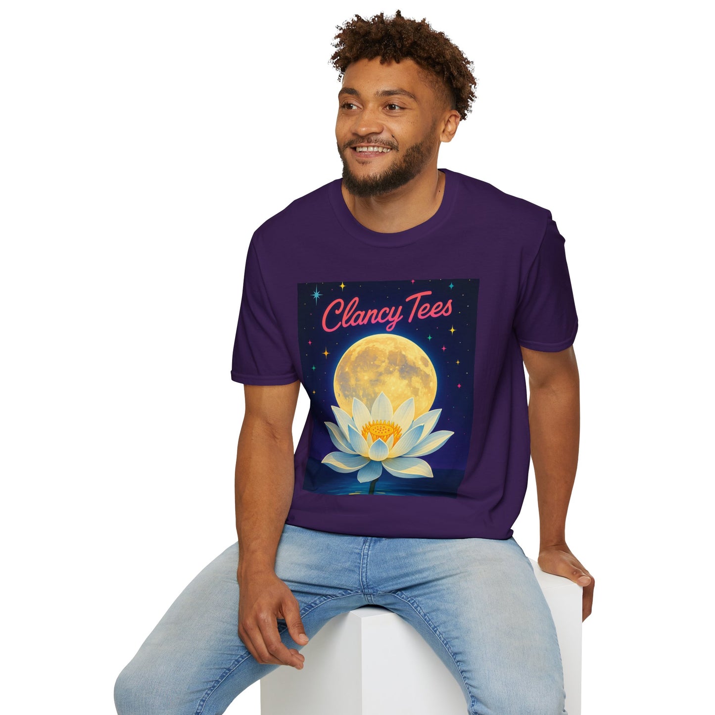 Moon Lotus Clancy Tees Shirt – Ethereal Floral T-Shirt with Full Moon Art – Gift for Nature Lovers, Yogis, Dreamers & Spiritual Aesthetic Fans