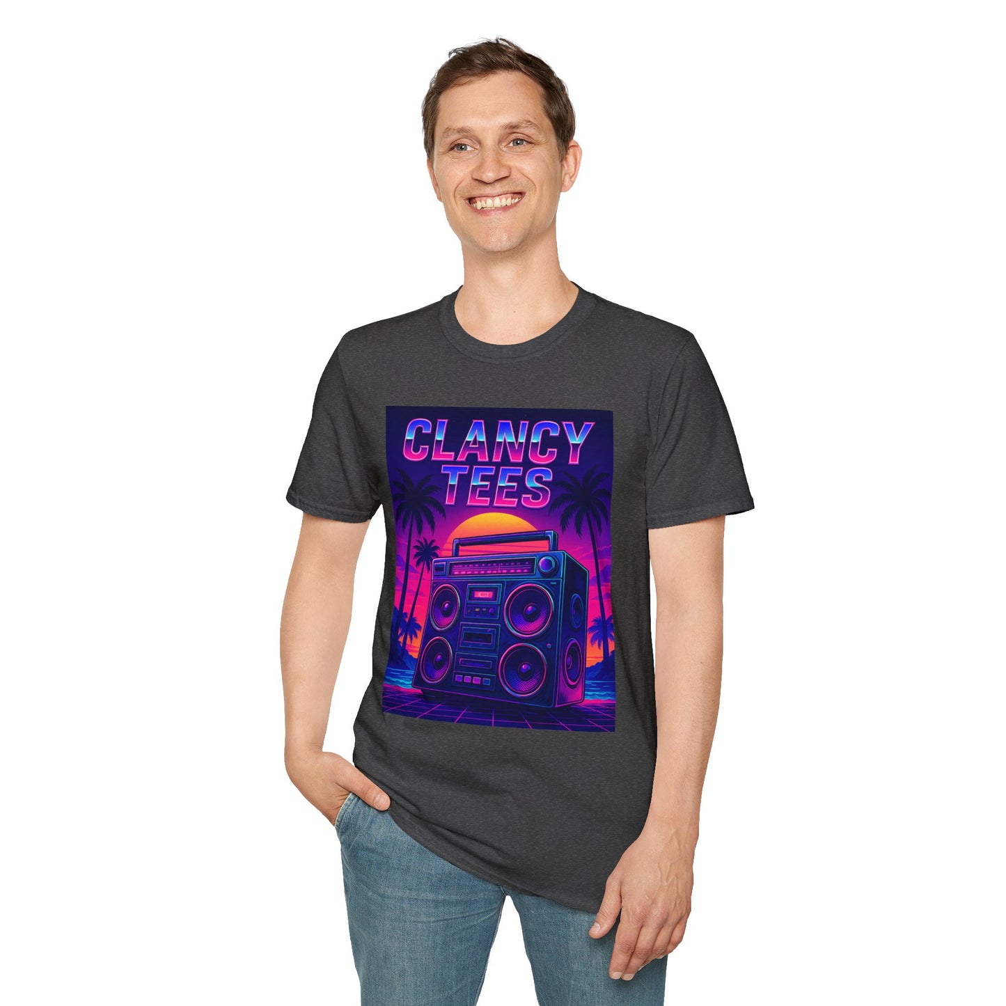 Retro Boombox Sunset Tee – Vaporwave Clancy Tees Shirt – Gift for 80s Kids, Music Lovers, Synthwave Fans & Nostalgic Neon Dreamers