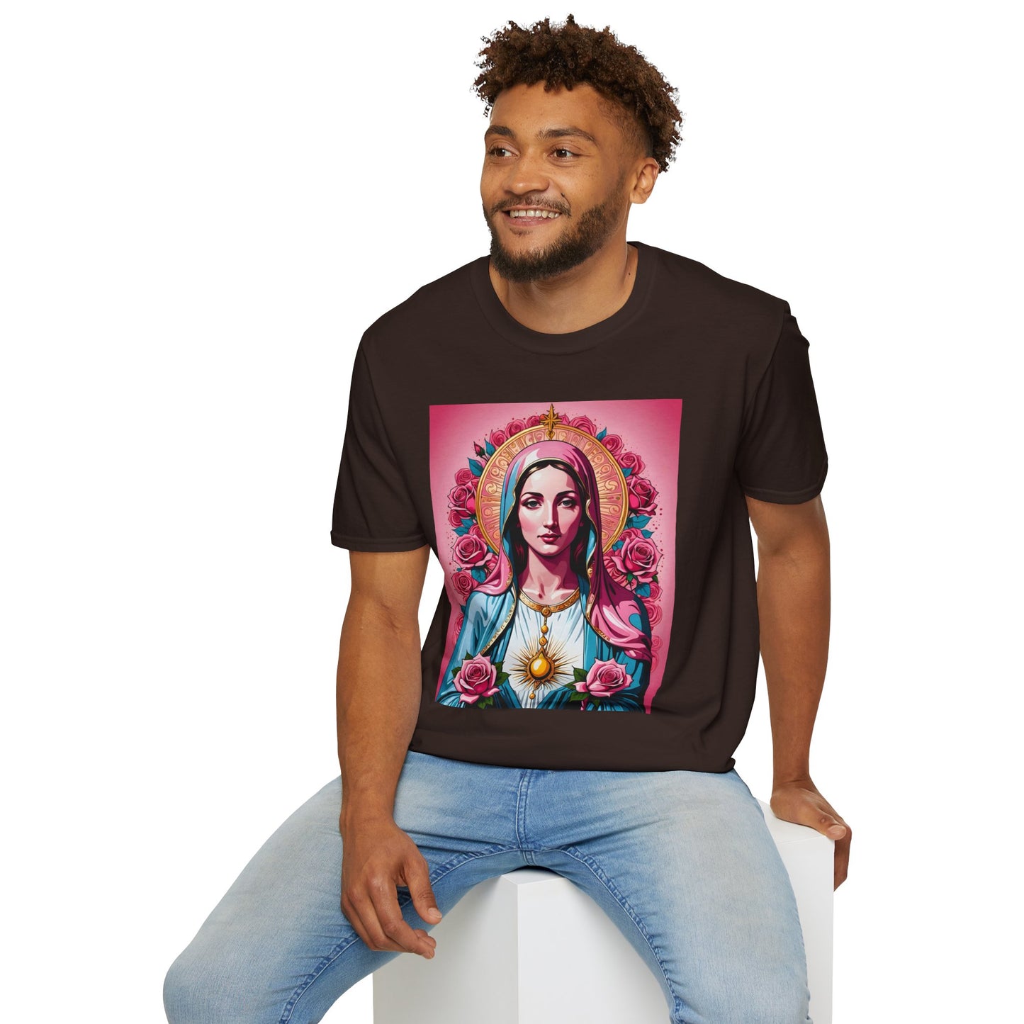 Unisex Softstyle T-Shirt with Sacred Heart Design, Spiritual Apparel, Artistic Gift for Many Occasions, Vintage Aesthetic, Festive Wear