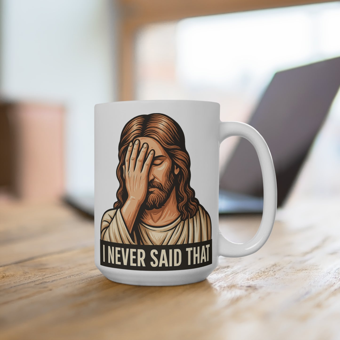 Facepalm Jesus Coffee Mug – Funny 15oz Ceramic Cup, I Never Said That Meme Design, Gift for Sarcastic Friends