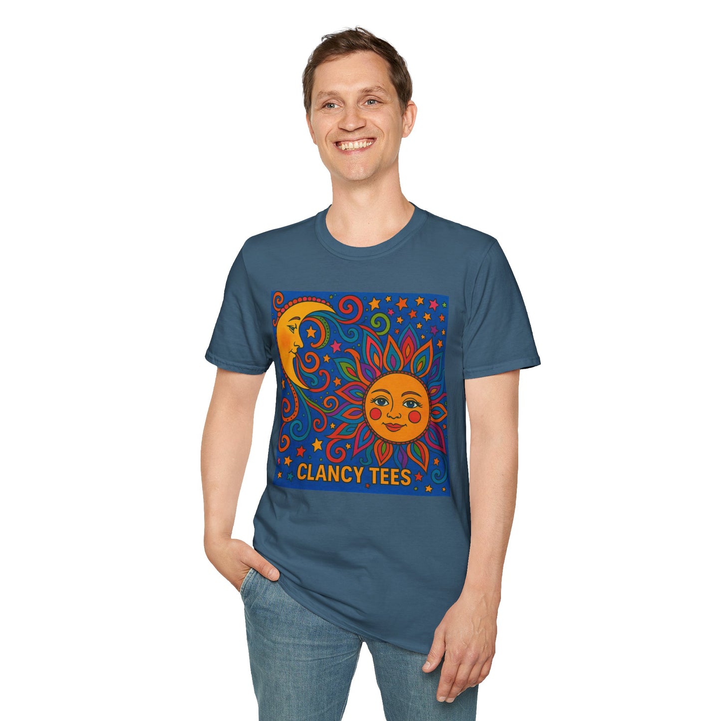 Sun and Moon Vibrant Tee, Unisex Softstyle T-Shirt for Summer Vibes, Boho Fashion, Gift for Her, Festival Wear, Casual Wear