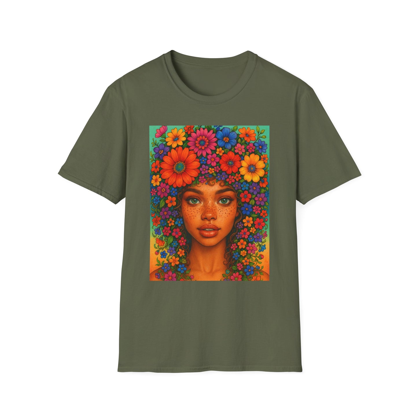 Flower Crown Woman T-Shirt – Afro Boho Floral Portrait Tee – Vibrant Art Shirt Gift for Nature Lovers, Hippies, Artists, and Bold Aesthetic Queens