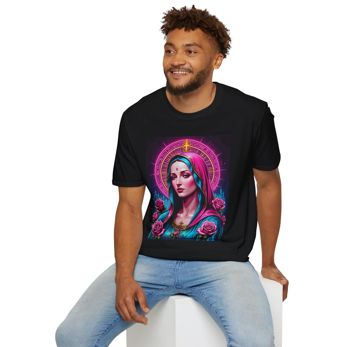 Religious Graphic Tee - Vibrant Mary Artwork, Gift for Devotees, Floral Design Shirt, Faith-Inspired Apparel, Everyday Wear