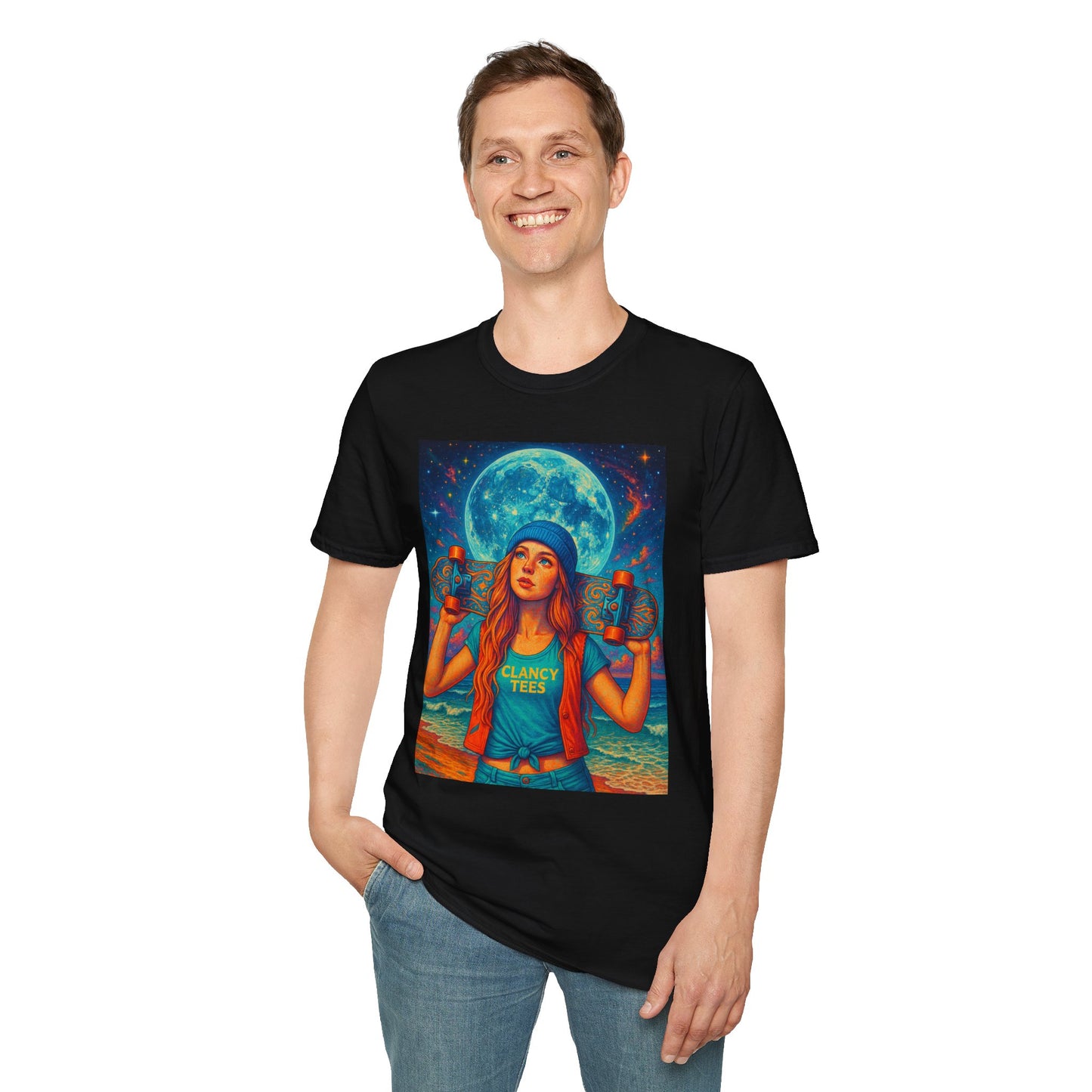 Bohemian Skater Girl Graphic Tee, Unisex T-Shirt with Moon & Nature Design, Perfect for Festivals, Gift for Nature Lovers, Summer Vibes, Casual Wear