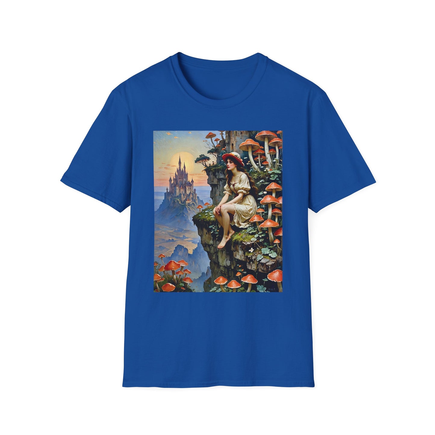 Fantasy Mushroom Fairy T-Shirt Enchanted Castle Cliffside Tee Surreal Magic Art Shirt Gift for Fantasy Fans Gift for Dreamers Psychedelic Nature Tee