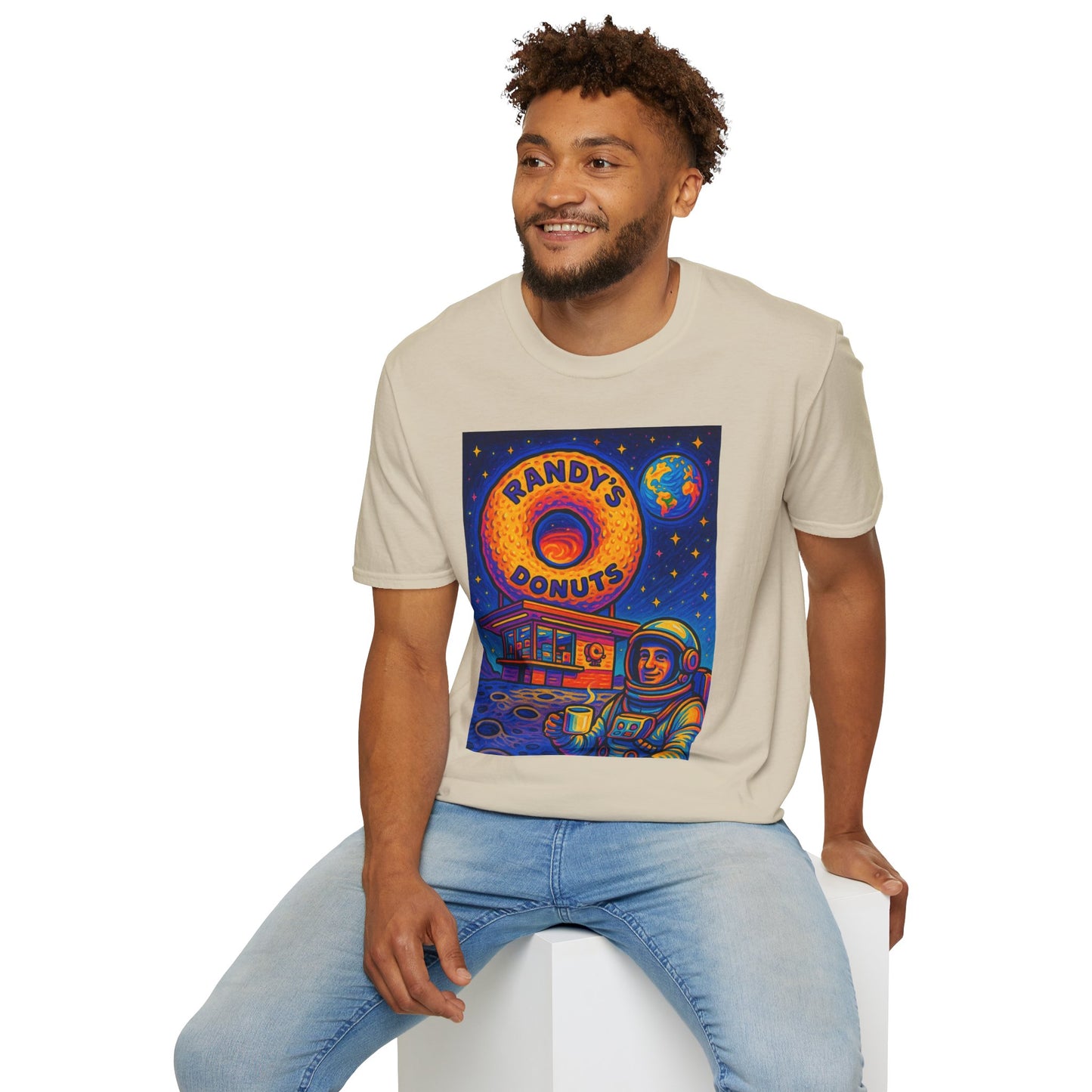 Space Donut T-Shirt – Retro Sci-Fi Astronaut Holding Coffee on the Moon – Gift for Foodies, Dreamers, and Outer Space Humor Fans