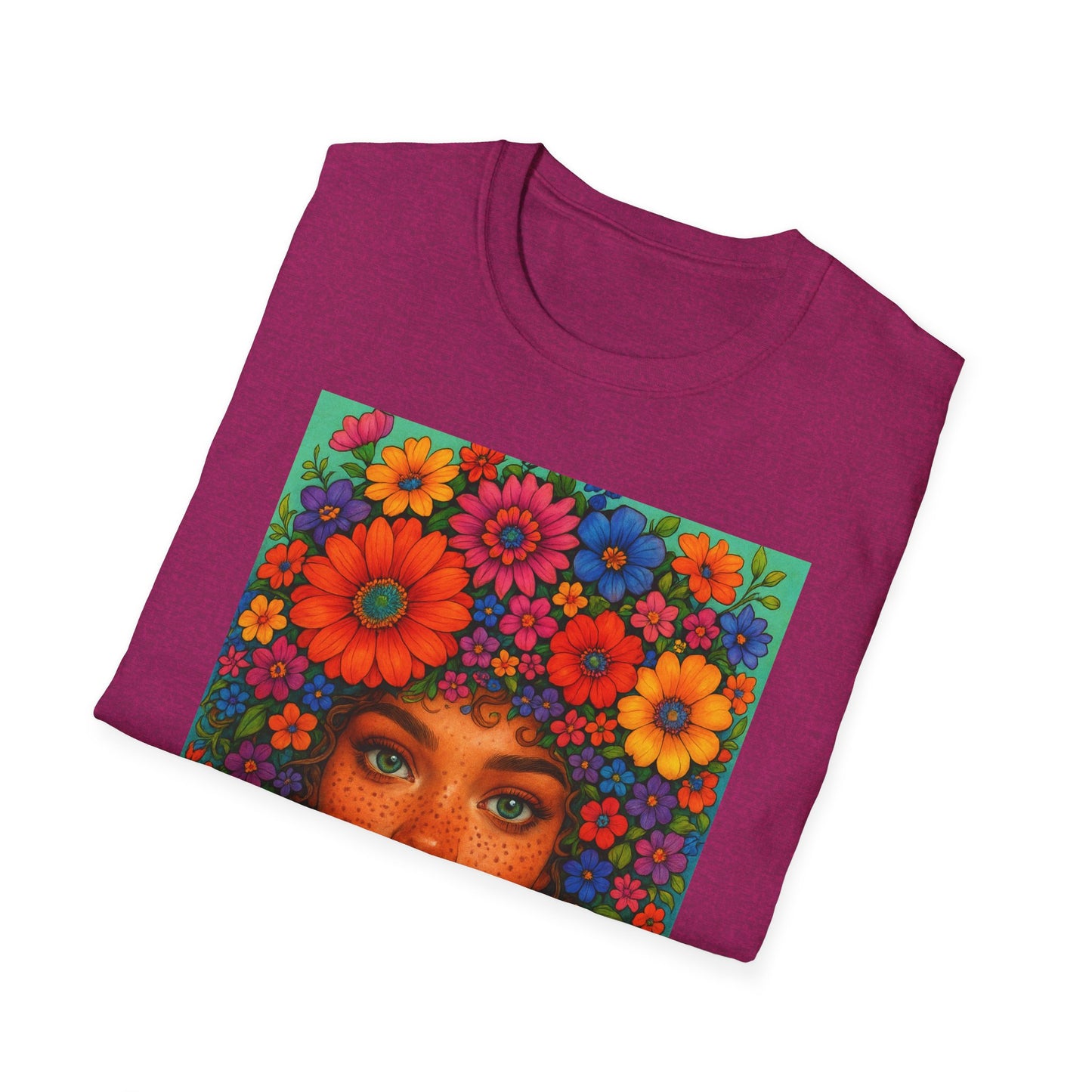 Flower Crown Woman T-Shirt – Afro Boho Floral Portrait Tee – Vibrant Art Shirt Gift for Nature Lovers, Hippies, Artists, and Bold Aesthetic Queens