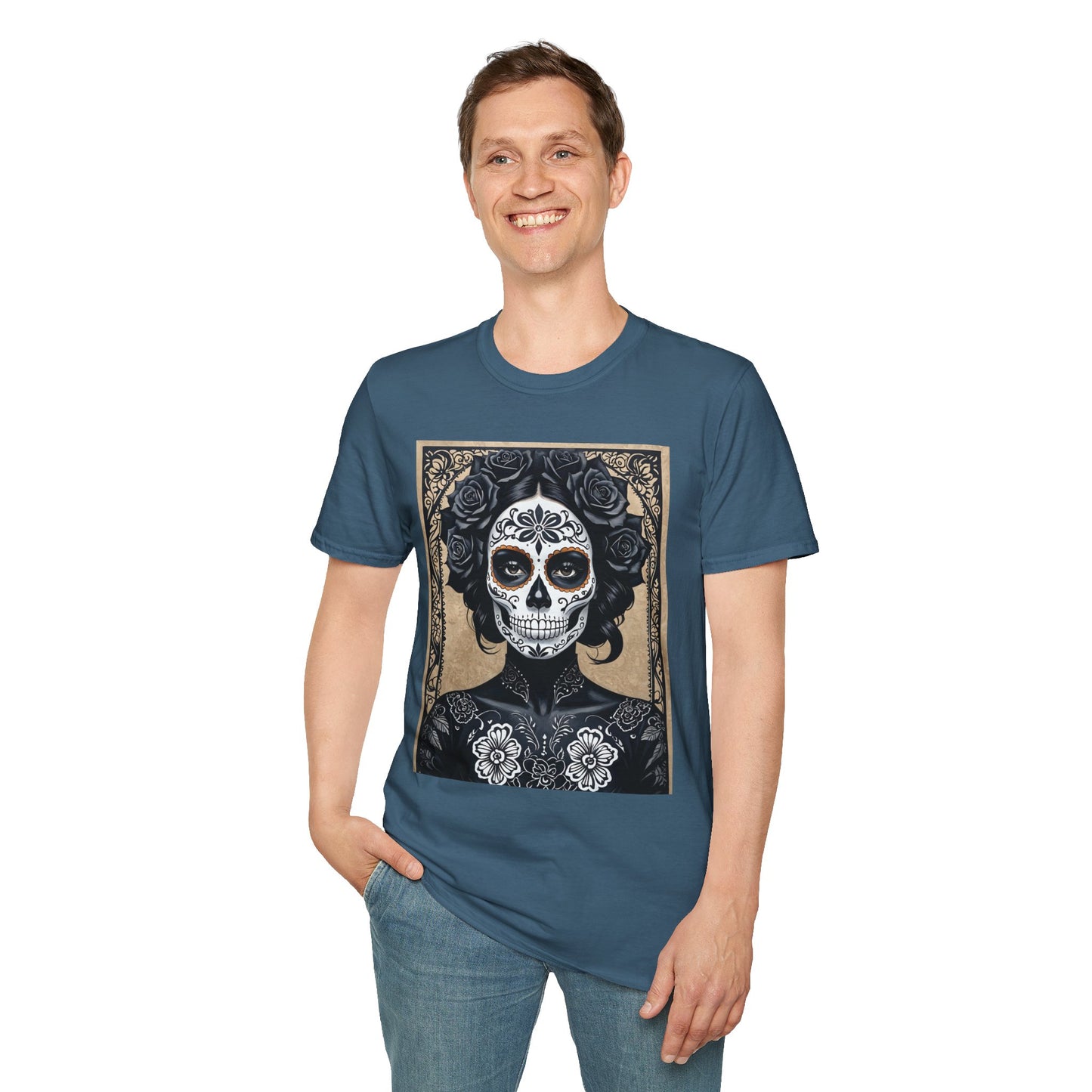 Black Floral Skull Tattoo Shirt – Gothic Día de los Muertos Tee – Gift for Skull Collectors, Tattoo Fans, and Alt Aesthetic Enthusiasts