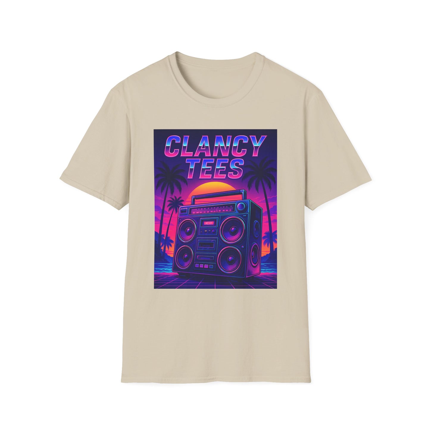 Retro Boombox Sunset Tee – Vaporwave Clancy Tees Shirt – Gift for 80s Kids, Music Lovers, Synthwave Fans & Nostalgic Neon Dreamers