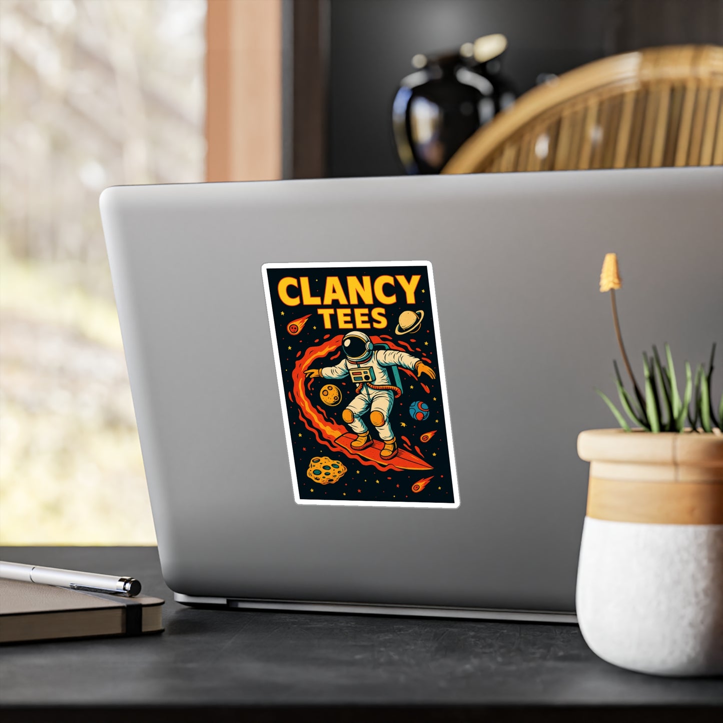 ClancyTees Astronaut Surfer Sticker – Kiss Cut Vinyl Decal, Space Artwork, Retro Sci Fi Aesthetic, Gift for Cosmic Dreamers