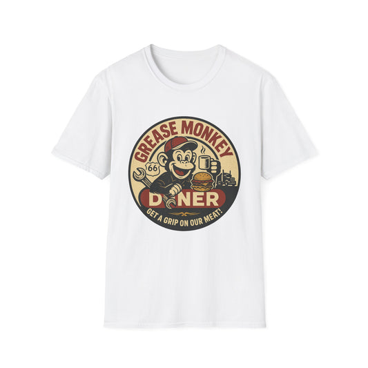 Grease Monkey Diner T-Shirt – Retro Mechanic Mascot Tee – Funny Vintage Roadside Shirt Gift for Car Guys, Grill Masters, and Route 66 Road Trip Fans