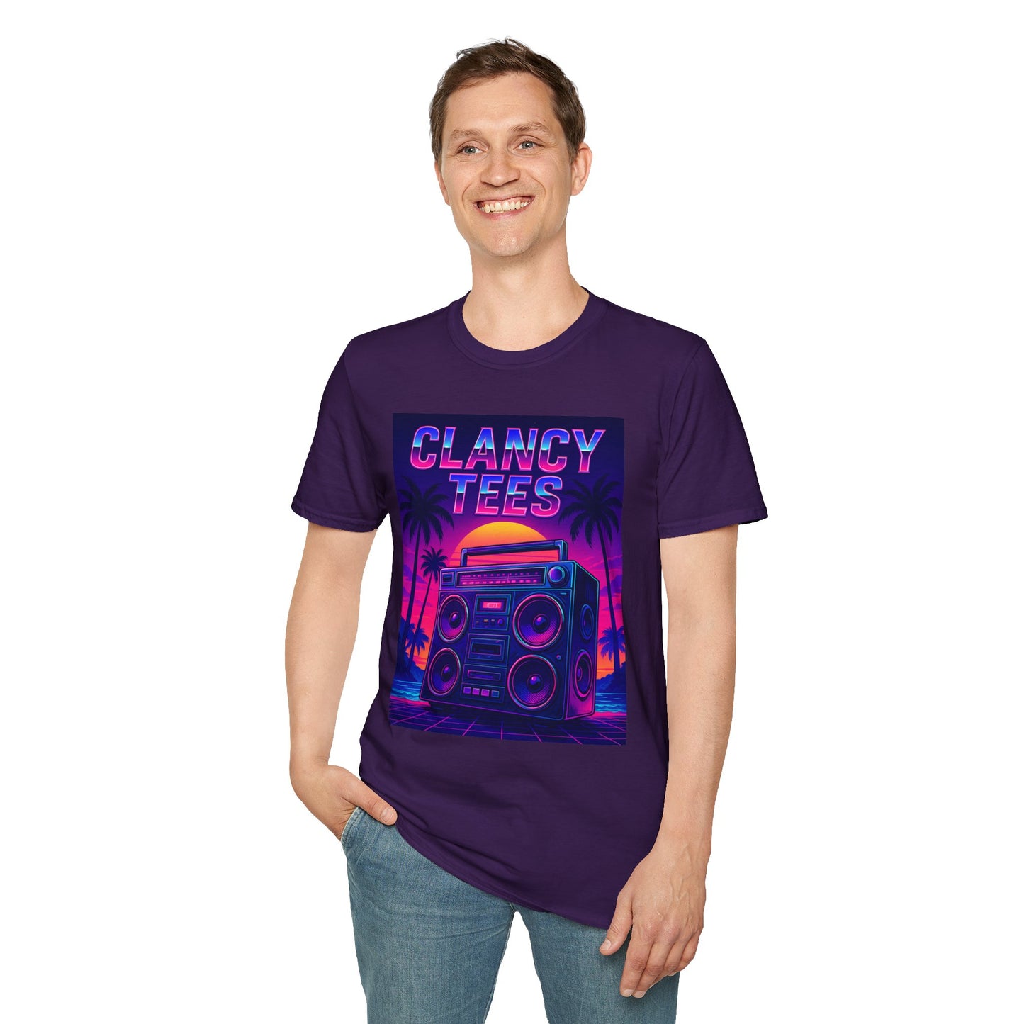 Retro Boombox Sunset Tee – Vaporwave Clancy Tees Shirt – Gift for 80s Kids, Music Lovers, Synthwave Fans & Nostalgic Neon Dreamers