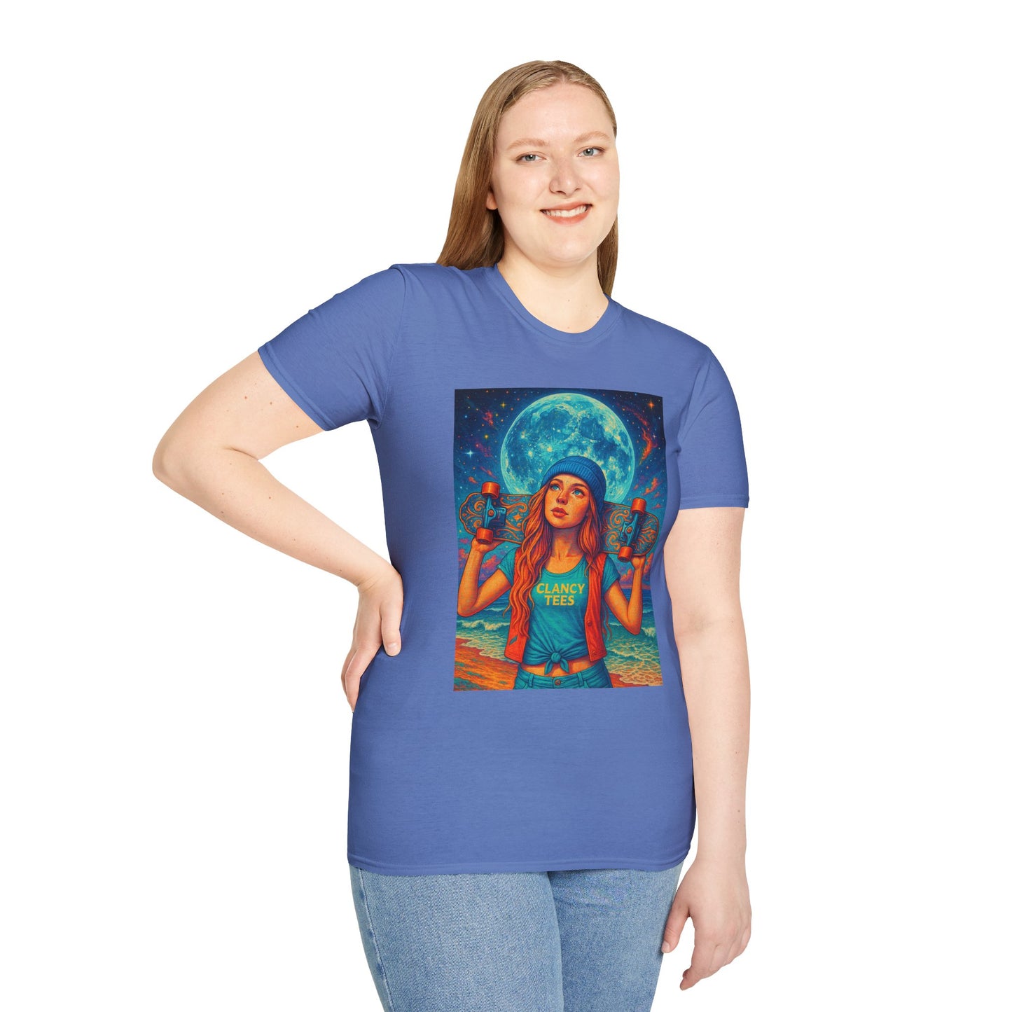 Bohemian Skater Girl Graphic Tee, Unisex T-Shirt with Moon & Nature Design, Perfect for Festivals, Gift for Nature Lovers, Summer Vibes, Casual Wear
