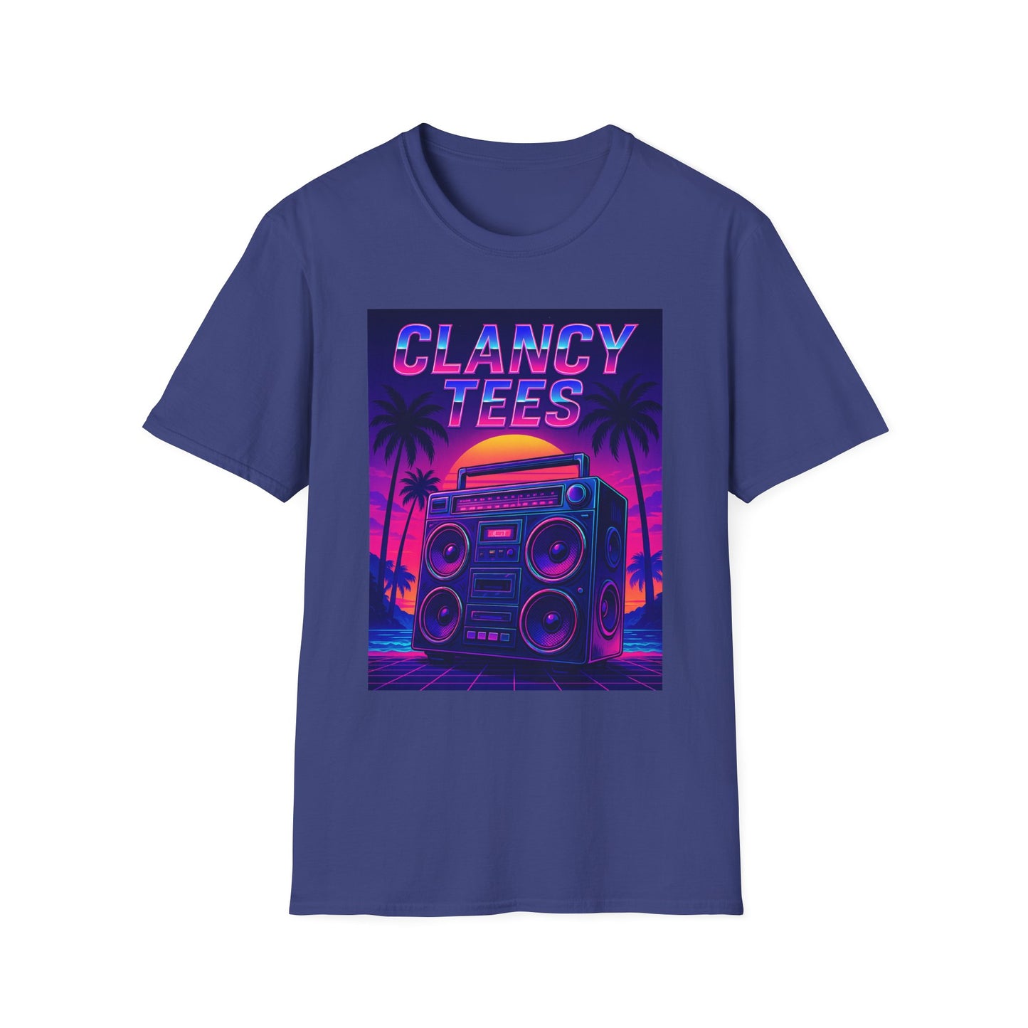 Retro Boombox Sunset Tee – Vaporwave Clancy Tees Shirt – Gift for 80s Kids, Music Lovers, Synthwave Fans & Nostalgic Neon Dreamers