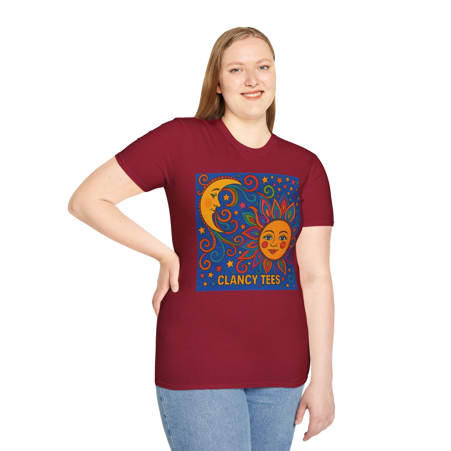 Sun and Moon Vibrant Tee, Unisex Softstyle T-Shirt for Summer Vibes, Boho Fashion, Gift for Her, Festival Wear, Casual Wear