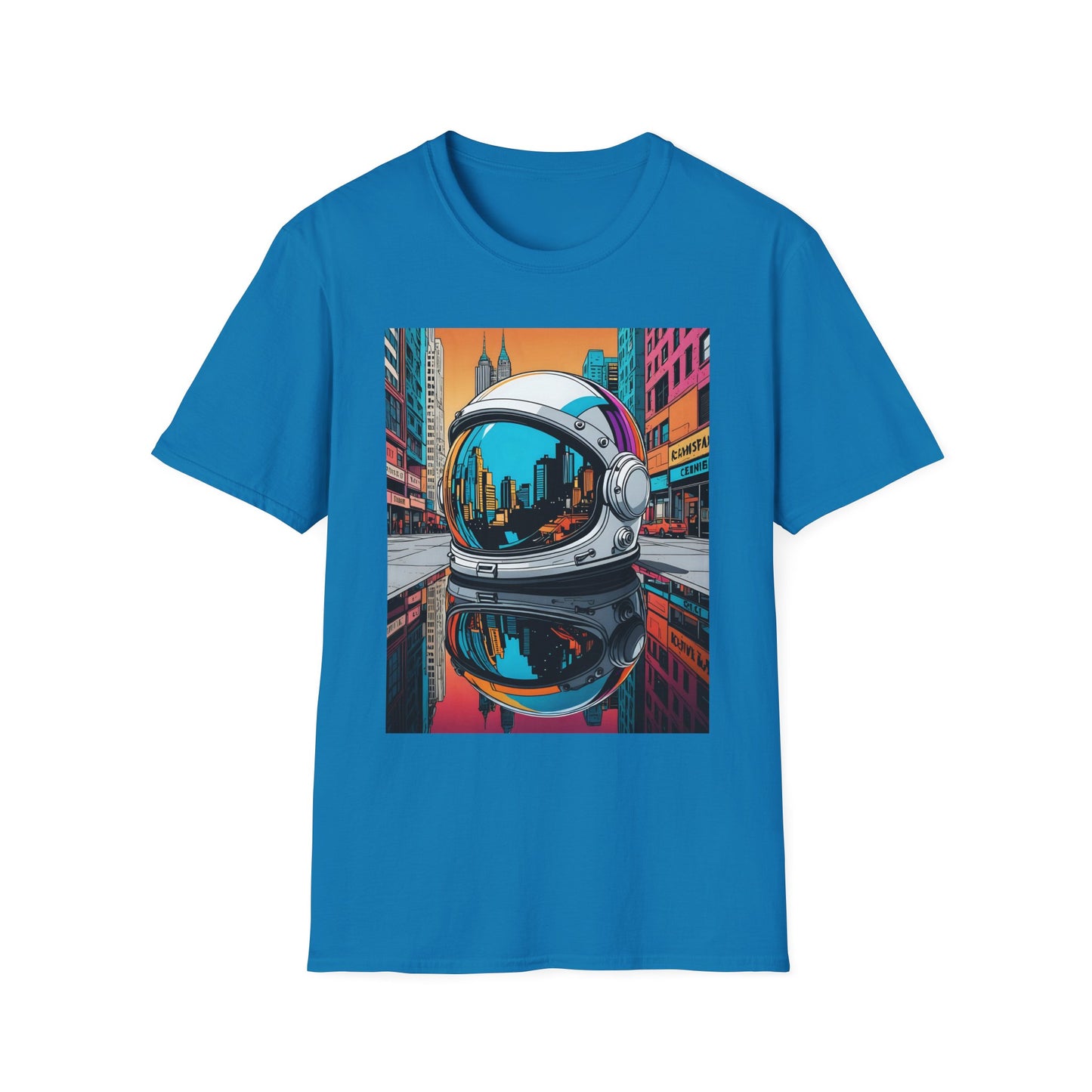 City Astronaut Reflection T-Shirt – Urban Space Art Tee – Gift for Sci-Fi Fans, Streetwear Addicts, and Cosmic Daydreamers