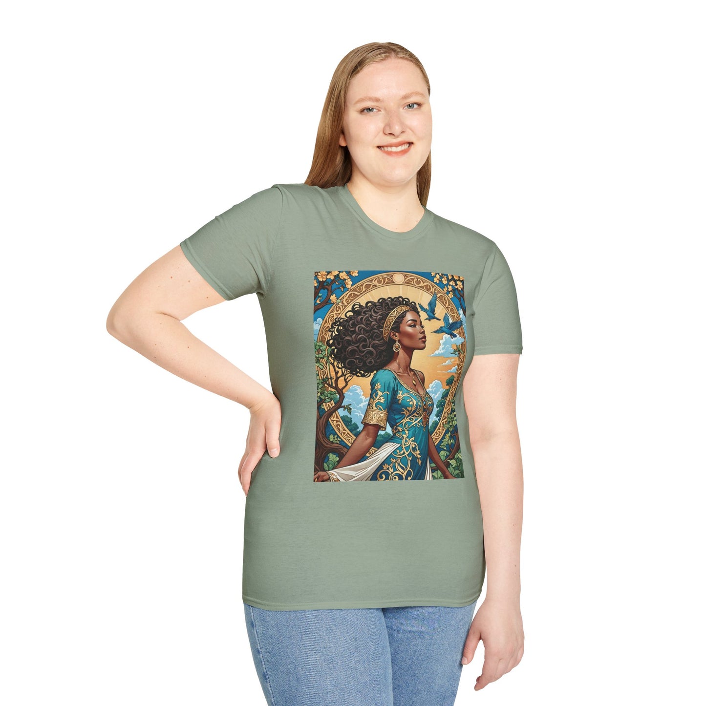 Bohemian Goddess T-Shirt, Unisex Softstyle Tee, Nature-Inspired Apparel, Gift for Women, Artistic Graphic Shirt, Eco-Friendly Fashion
