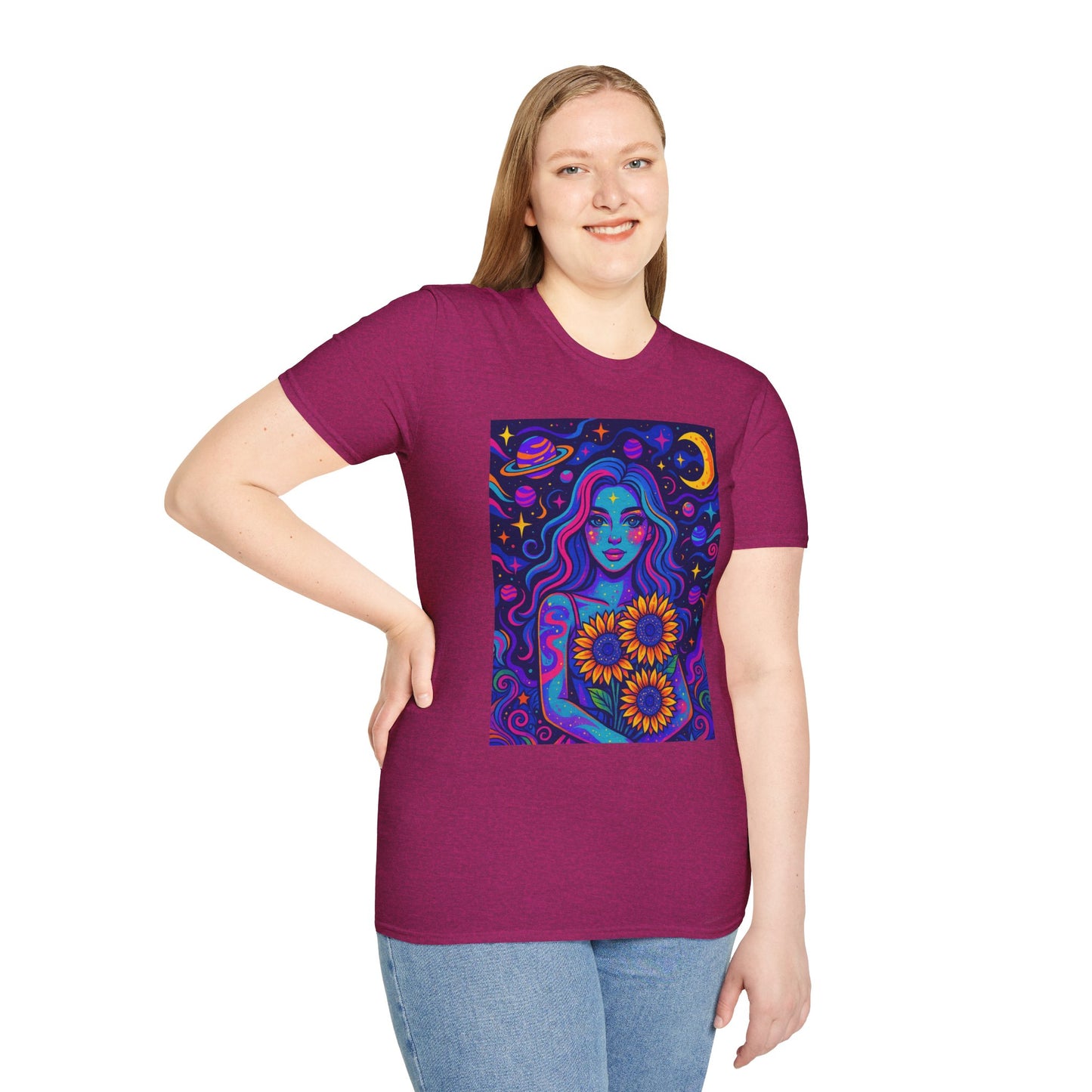 Psychedelic Sunflower Girl Shirt Trippy Space Goddess Tee Gift for Astrology Lovers Cosmic Art T Shirt for Hippies Star Gazers and Moon Magic Fans