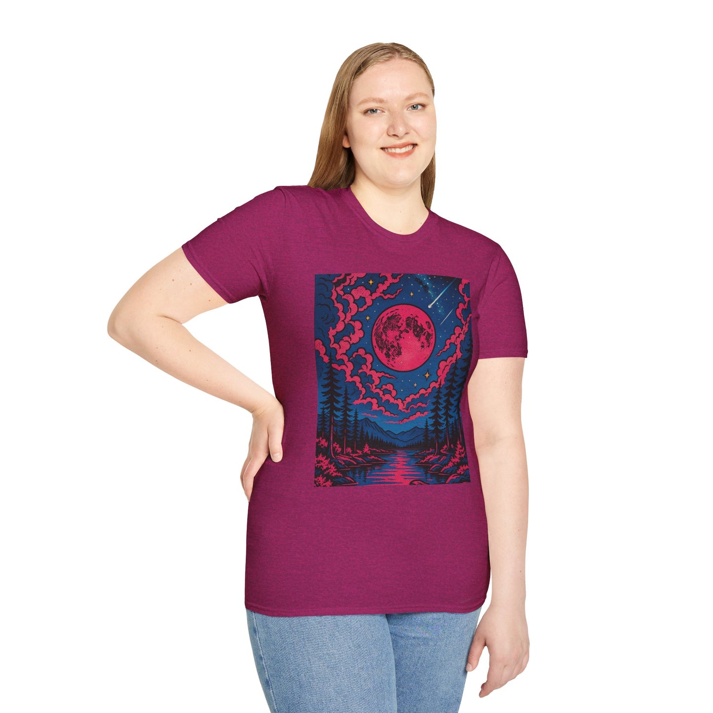 Trippy Red Moon Forest T-Shirt – Surreal Nature Graphic Tee • Psychedelic Night Sky Shirt • Gildan Softstyle® Unisex • Gift for Nature Lovers