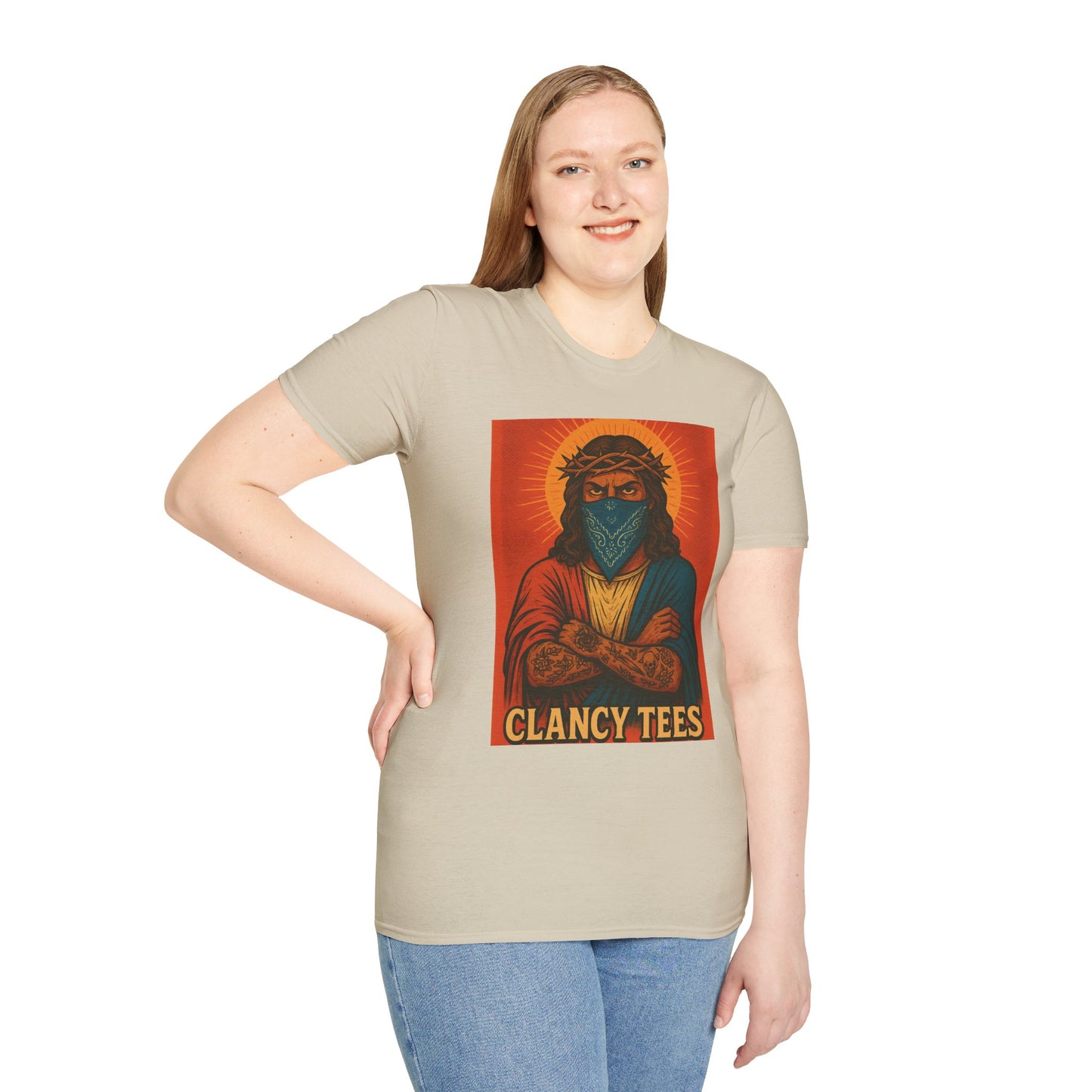 Gangsta Jesus Tattoo Shirt – Bold Religious Parody Tee with Face Mask – Street Art Style Graphic – Gift for Rebels, Sinners, and Faithful Rule-Breakers