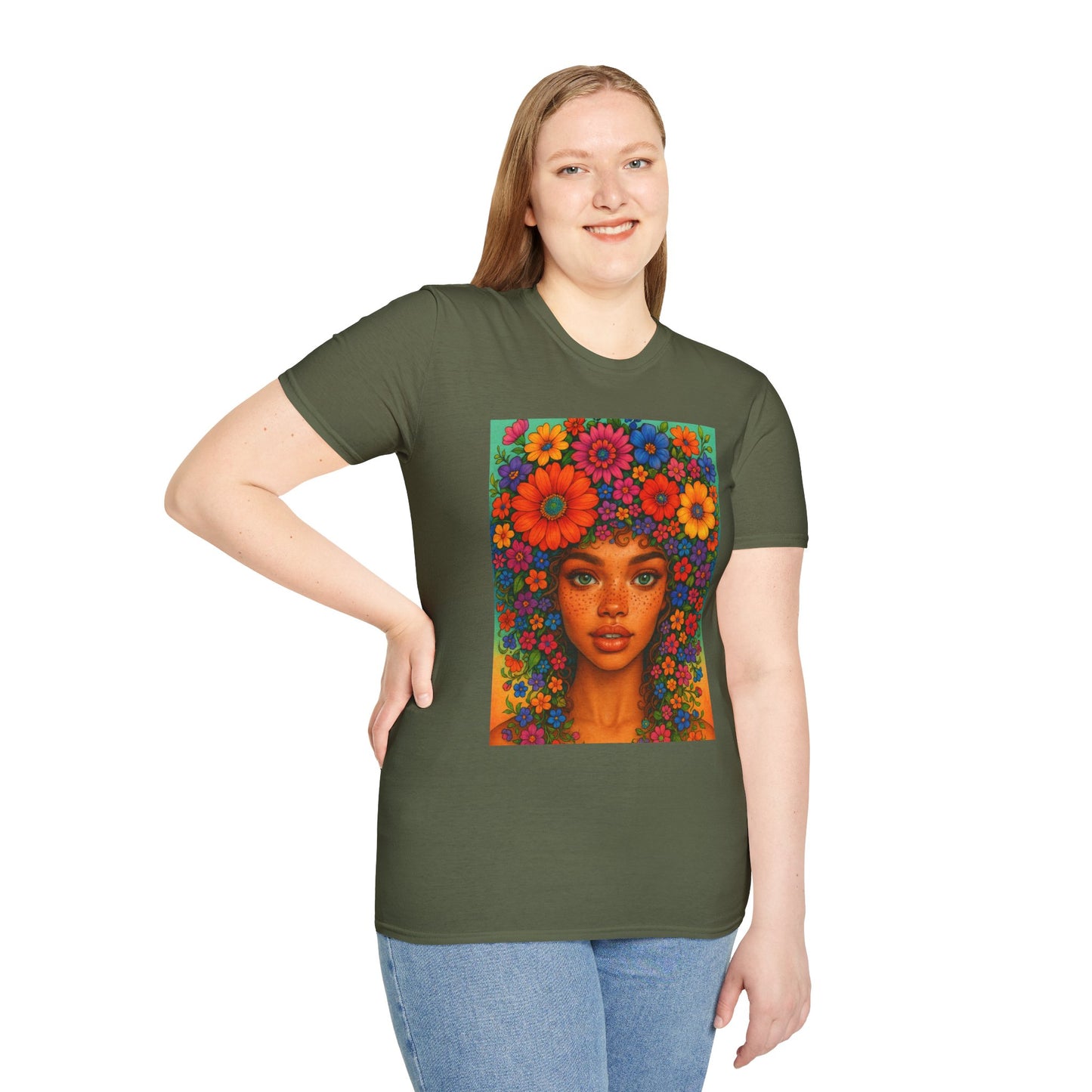 Flower Crown Woman T-Shirt – Afro Boho Floral Portrait Tee – Vibrant Art Shirt Gift for Nature Lovers, Hippies, Artists, and Bold Aesthetic Queens