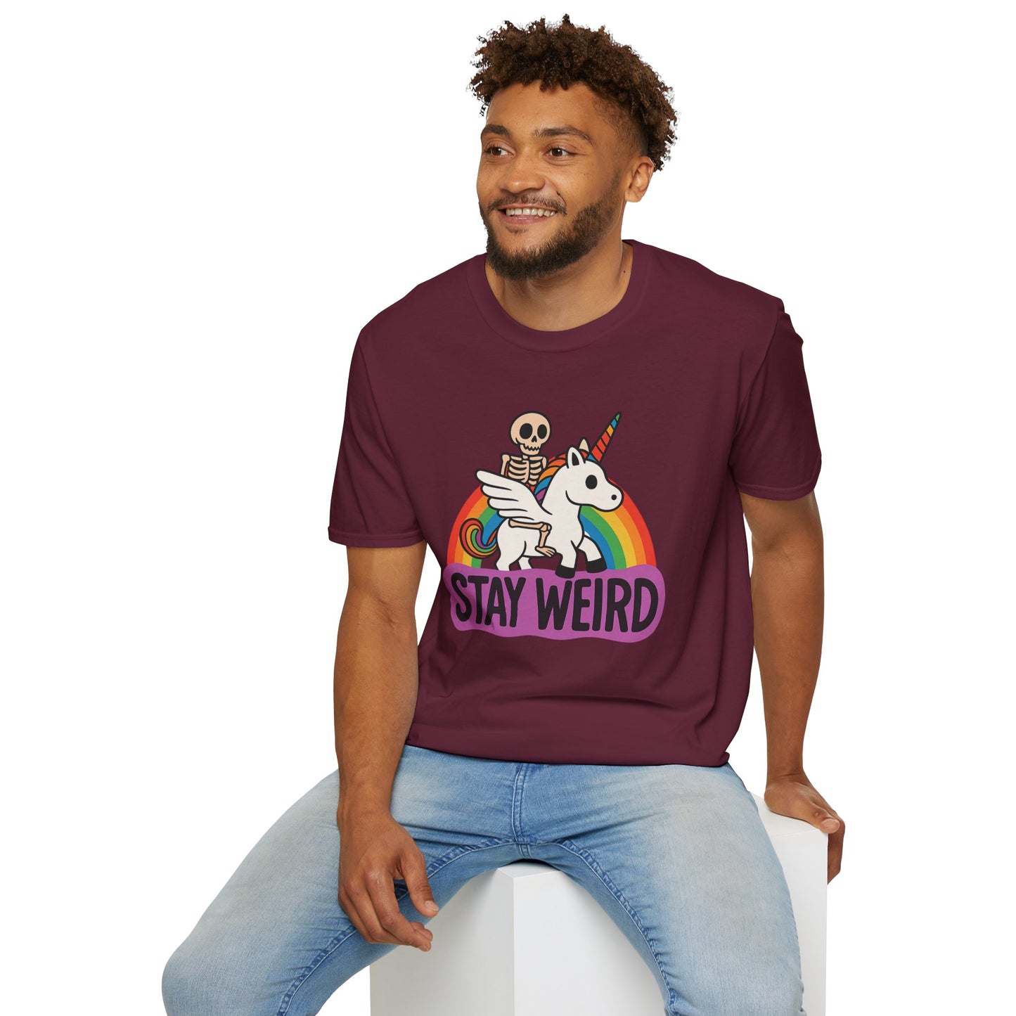 Stay Weird Skeleton Unicorn Shirt – Funny Rainbow Graphic Tee – Whimsical Weirdcore Clothing – Gift for Quirky Friends and Oddball Souls