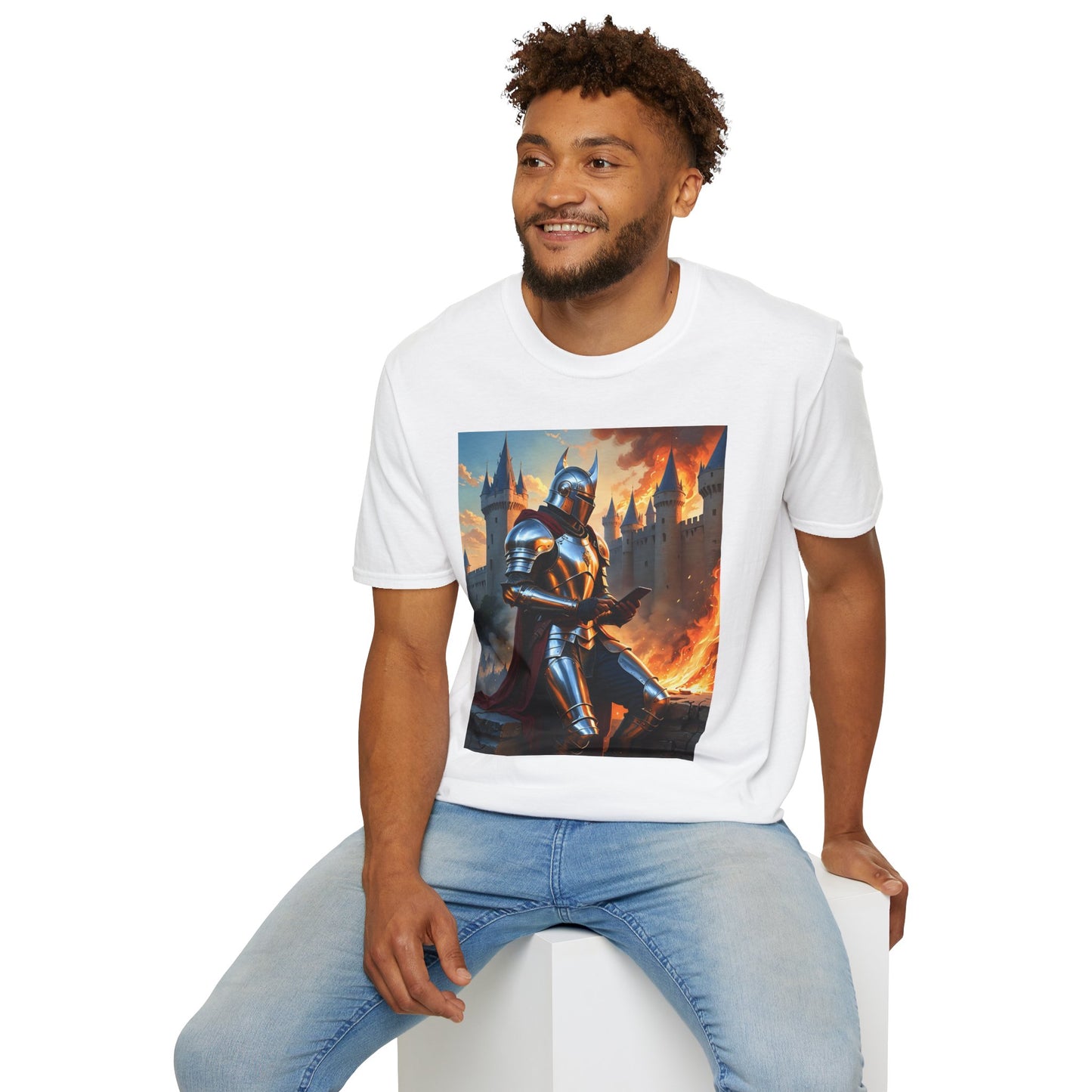 Knight in Burning Castle Shirt – Dark Fantasy Armor Tee – Gift for RPG Fans, Medieval Nerds, and Apocalyptic History Buffs