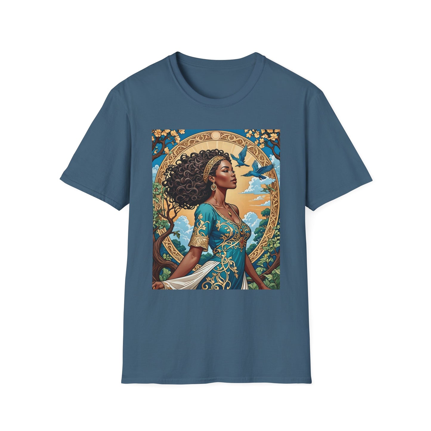 Bohemian Goddess T-Shirt, Unisex Softstyle Tee, Nature-Inspired Apparel, Gift for Women, Artistic Graphic Shirt, Eco-Friendly Fashion