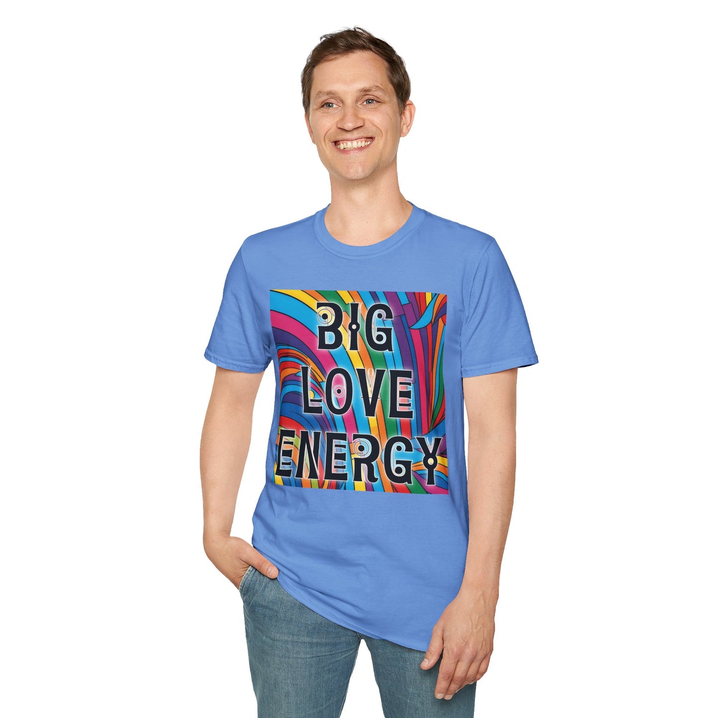 Big Love Energy Shirt – Colorful Retro Pride Rainbow Tee with Bold Positive Message – Gift for Optimists, LGBTQ Friends, and Love-First People