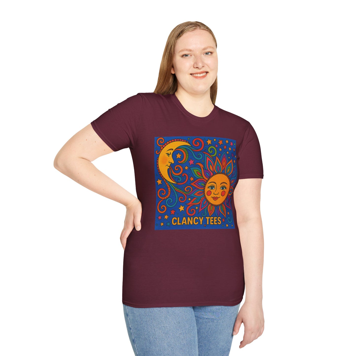 Sun and Moon Vibrant Tee, Unisex Softstyle T-Shirt for Summer Vibes, Boho Fashion, Gift for Her, Festival Wear, Casual Wear