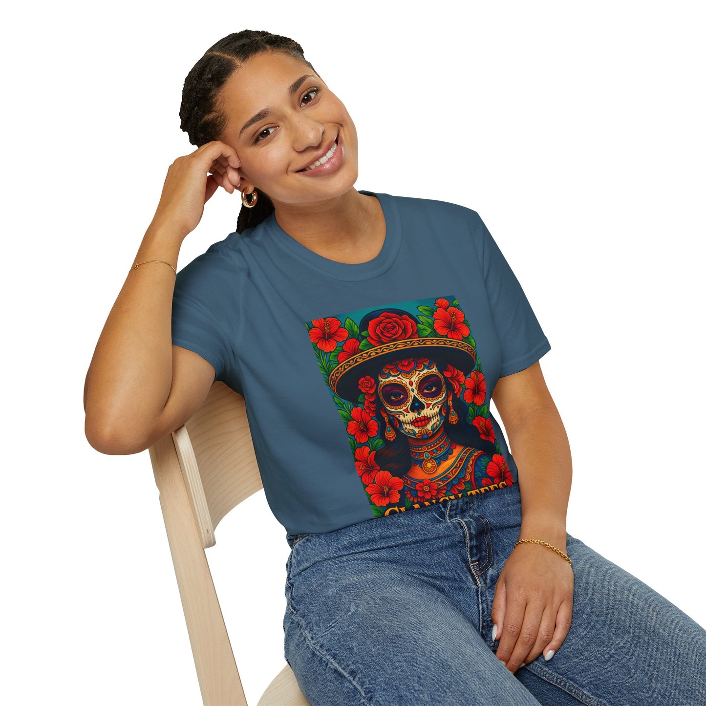 Colorful Sugar Skull T-Shirt, Day of the Dead Tee, Unique Graphic Shirt, Festival Apparel, Gift for Halloween, Unisex Softstyle Tee