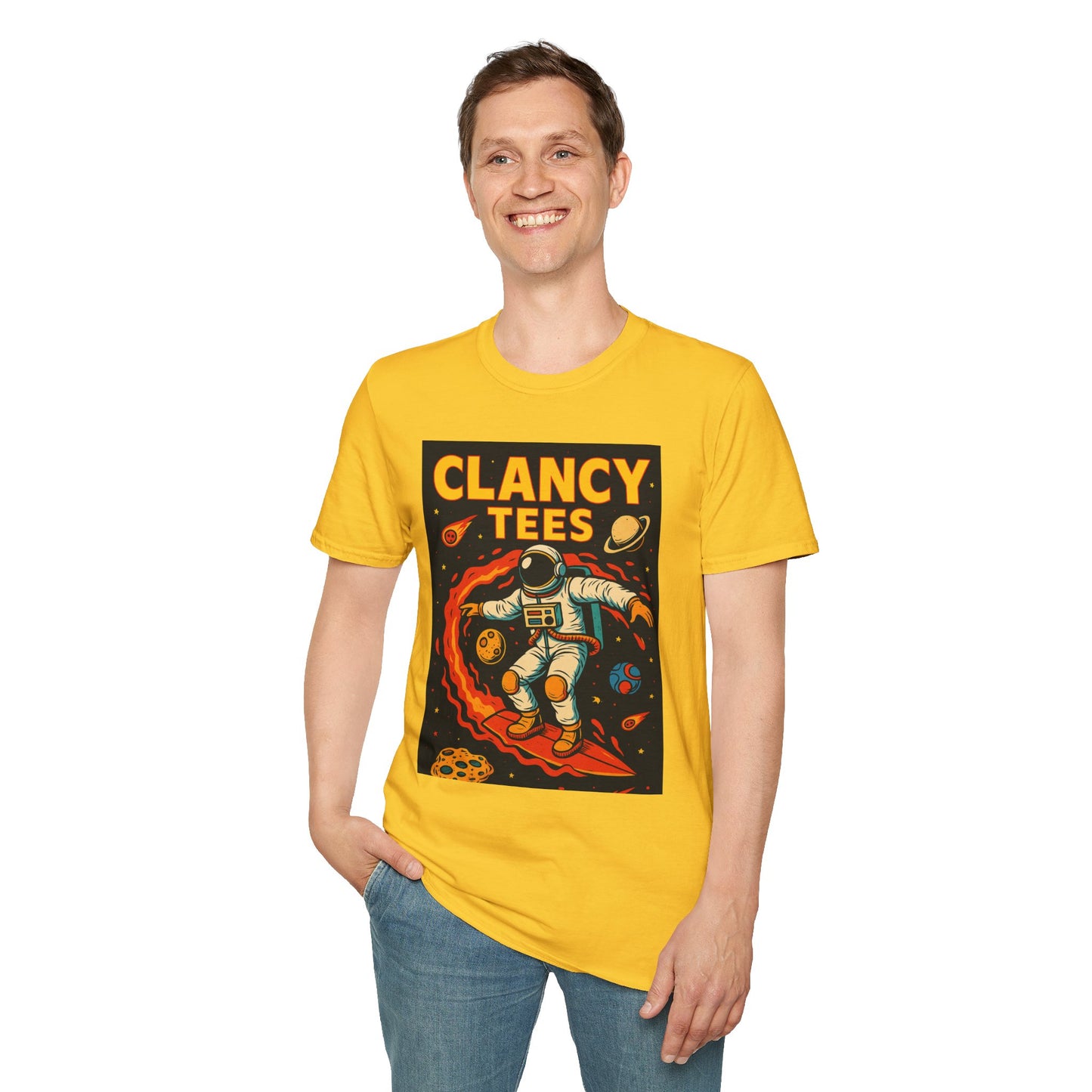 Astronaut Surfing T-Shirt – Outer Space Surfer Tee – Gift for Sci-Fi Beach Bums, Stoner Surfers, and Cosmic Wave Riders