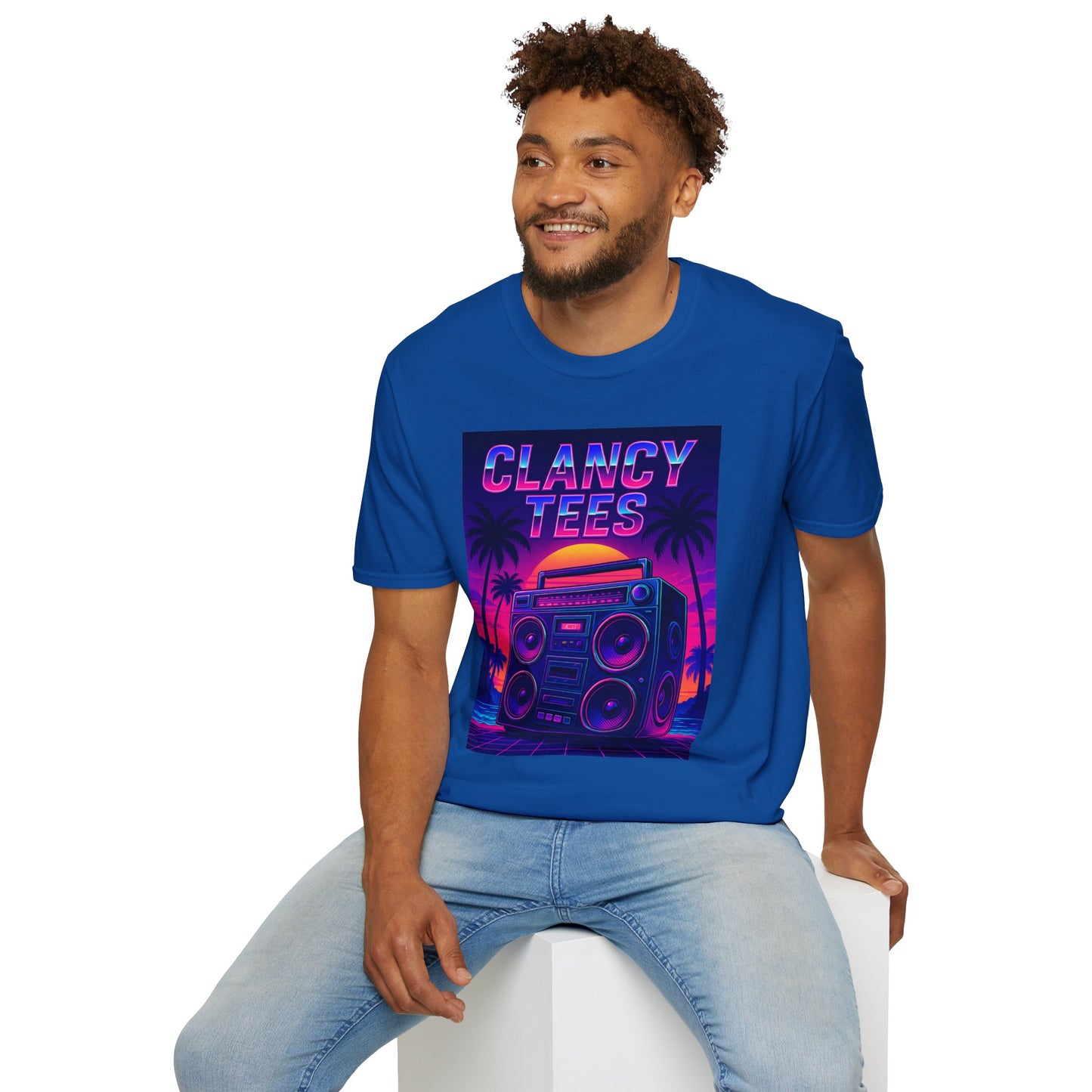Retro Boombox Sunset Tee – Vaporwave Clancy Tees Shirt – Gift for 80s Kids, Music Lovers, Synthwave Fans & Nostalgic Neon Dreamers