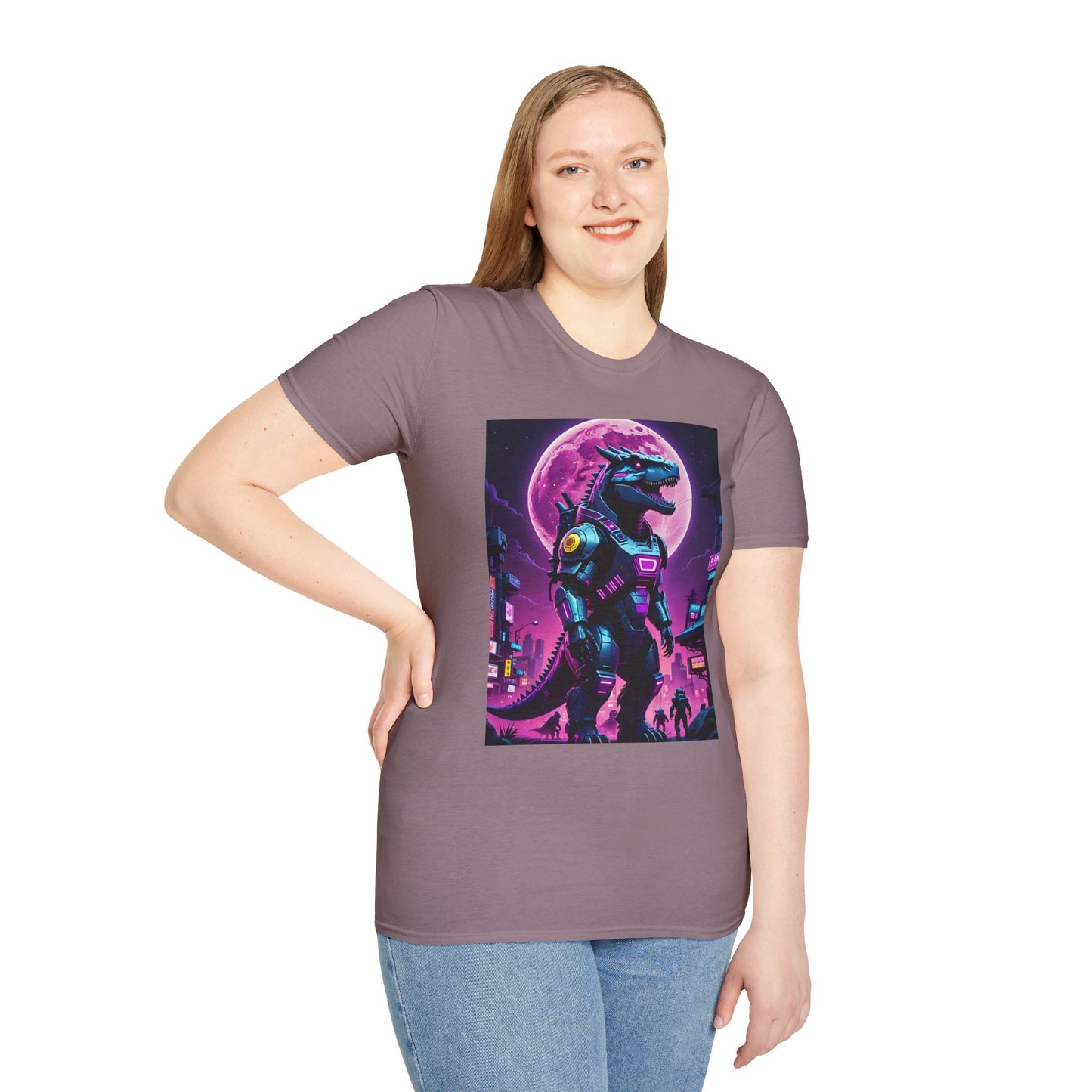 Cyberpunk Dinosaur T Shirt Neon Retro Graphic Tee Futuristic Monster Artwork Top Gift for Sci Fi Fans