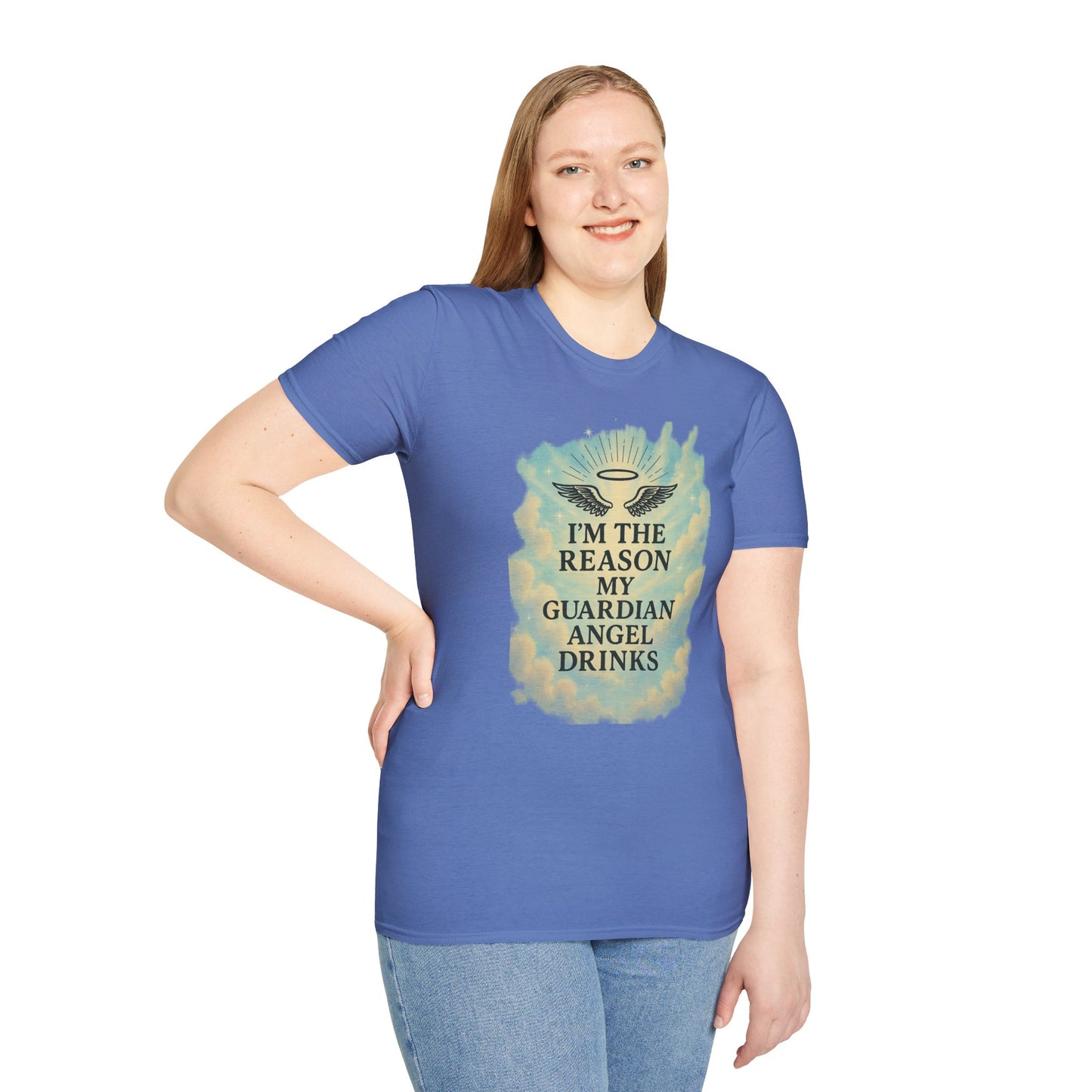 Unisex Softstyle T-Shirt, Funny Guardian Angel Tee, Unique Gift for Friends, Humor Shirt, Casual Wear, Perfect for Holidays