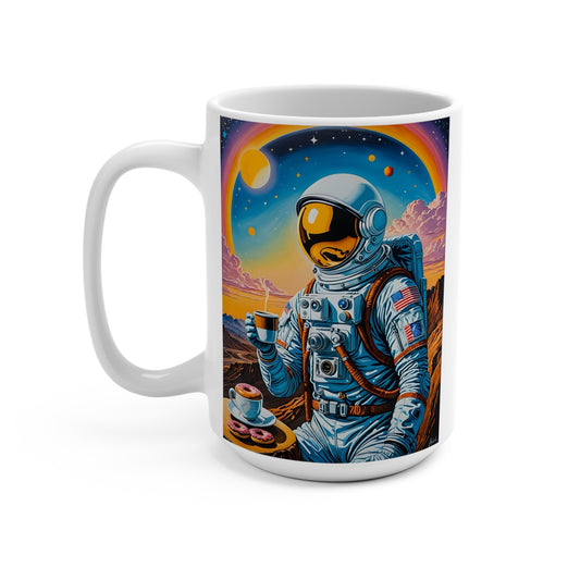 Space Donut Astronaut Mug Funny Cosmic Artwork Ceramic Coffee Cup Gift for Sci Fi Fans