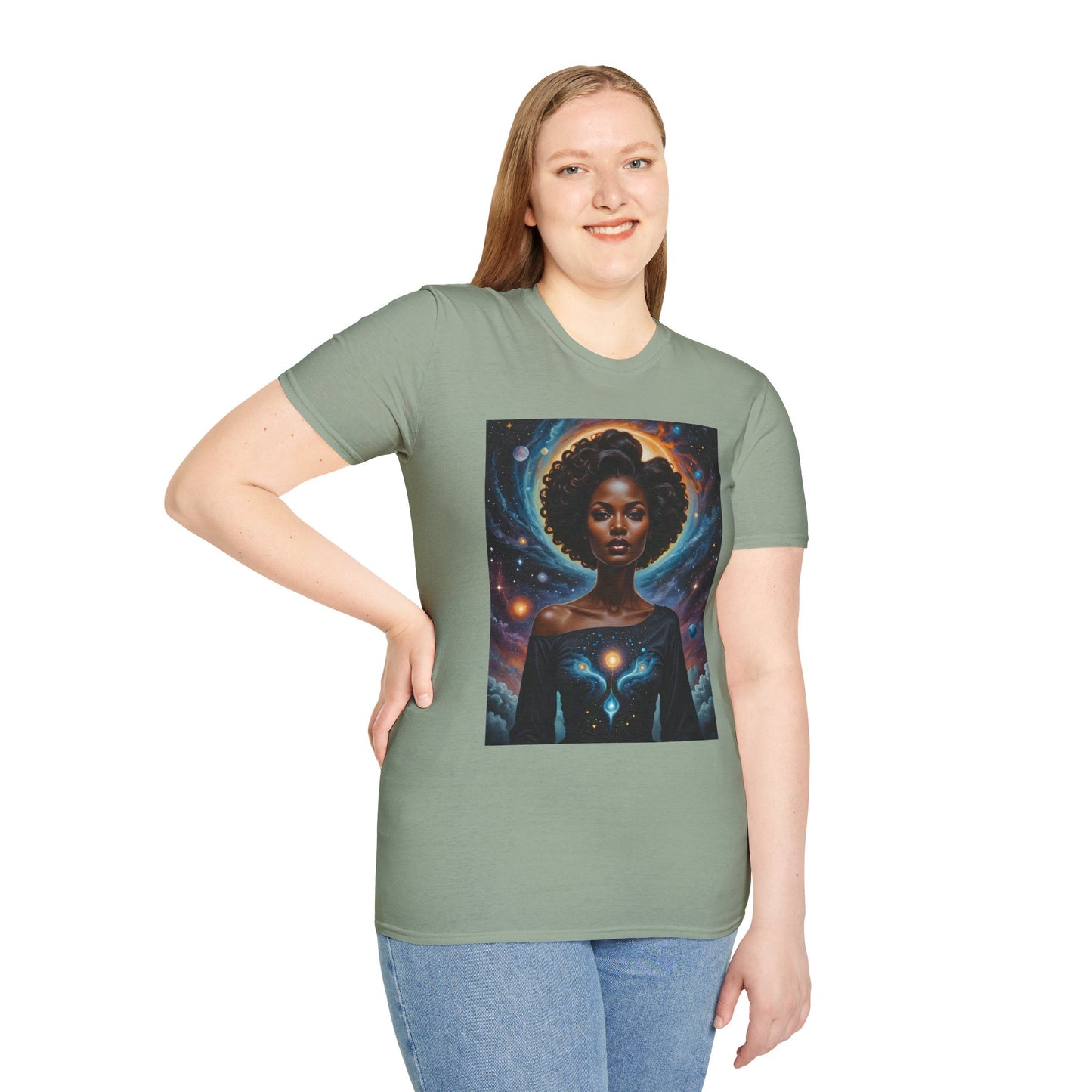 Afrofuturist Cosmic Energy T-Shirt – Celestial Power Graphic Tee, Spiritual Galaxy Shirt, Gift for Astrology Fans, Vibrant Universe Artwork