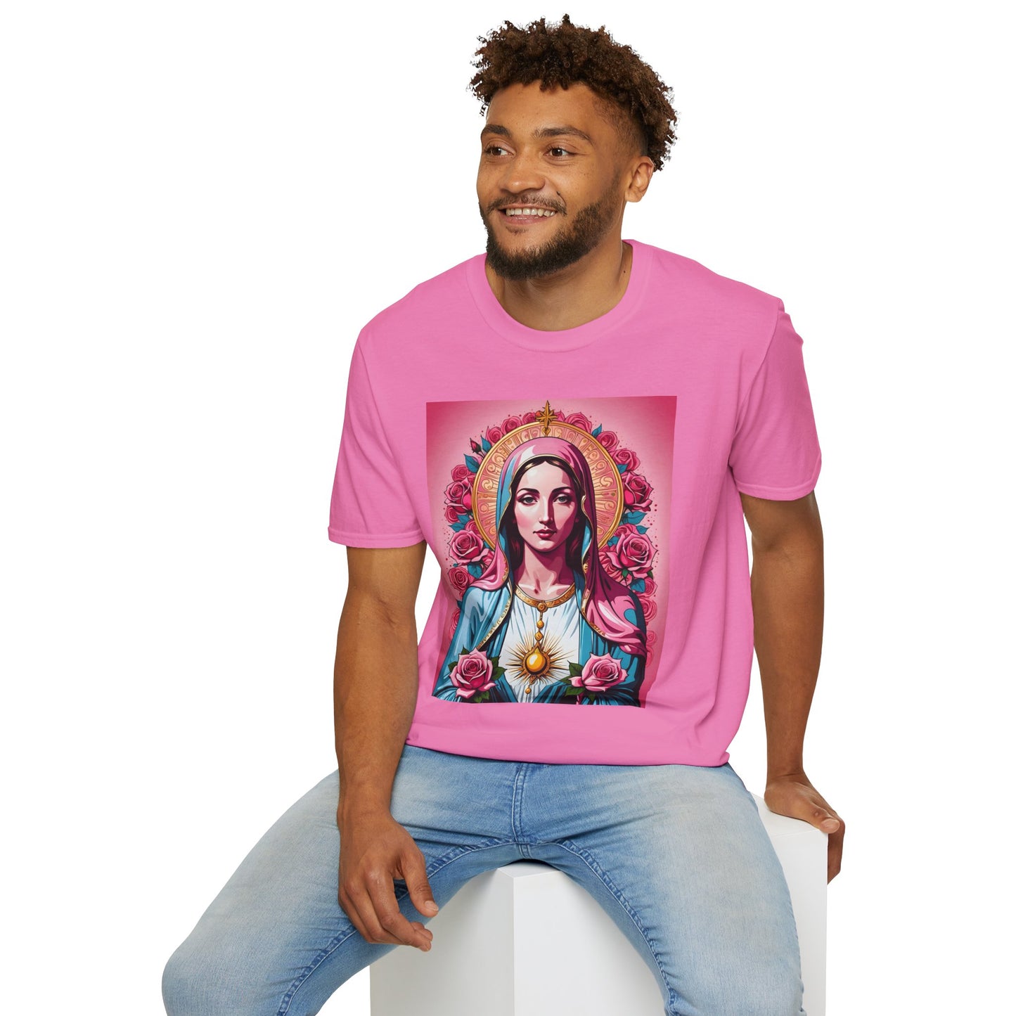Unisex Softstyle T-Shirt with Sacred Heart Design, Spiritual Apparel, Artistic Gift for Many Occasions, Vintage Aesthetic, Festive Wear