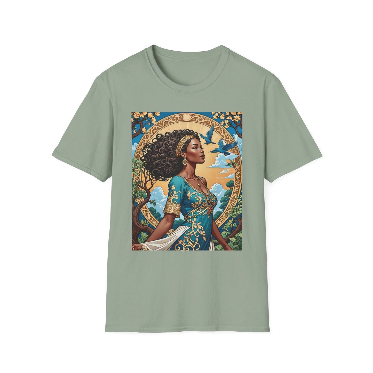 Bohemian Goddess T-Shirt, Unisex Softstyle Tee, Nature-Inspired Apparel, Gift for Women, Artistic Graphic Shirt, Eco-Friendly Fashion