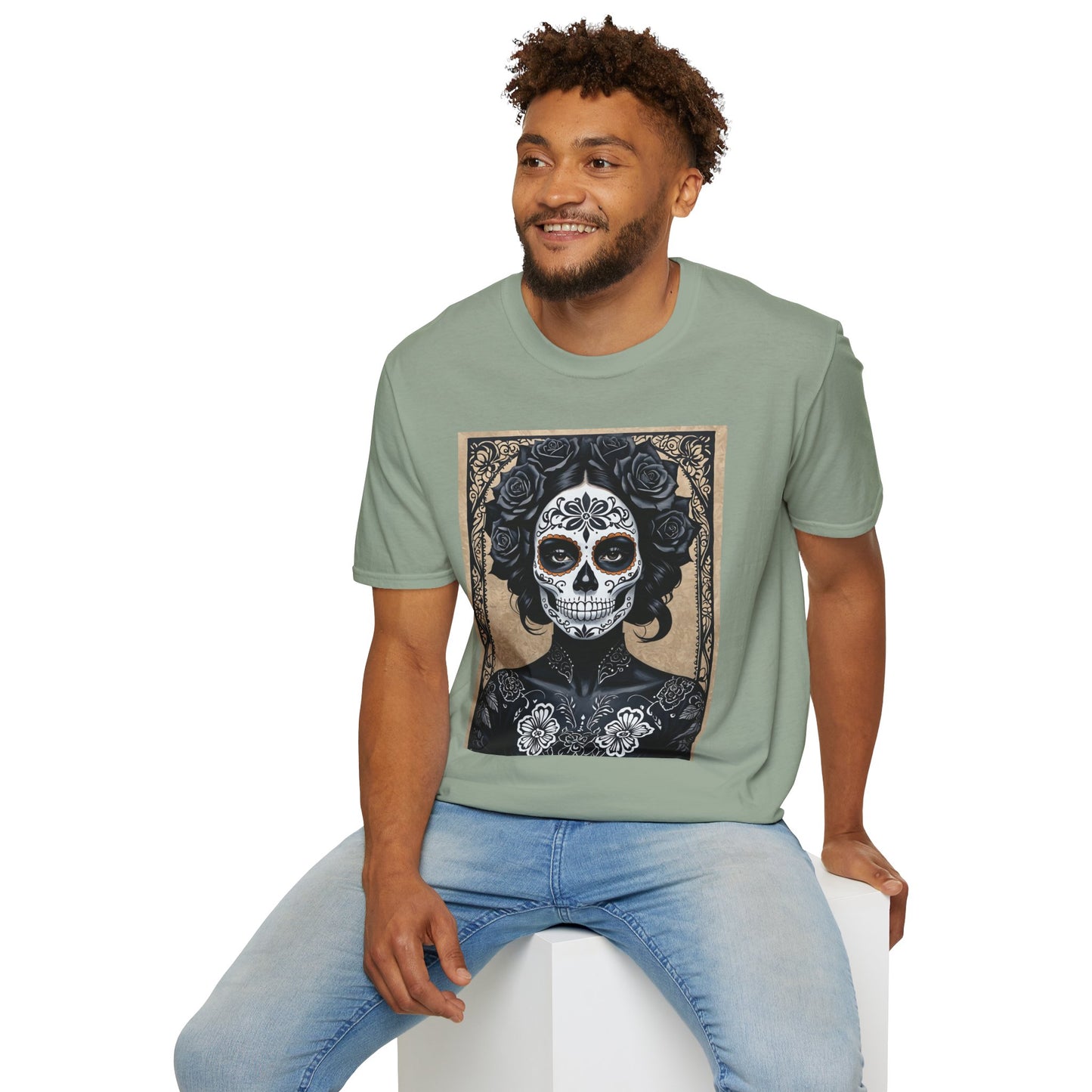 Black Floral Skull Tattoo Shirt – Gothic Día de los Muertos Tee – Gift for Skull Collectors, Tattoo Fans, and Alt Aesthetic Enthusiasts