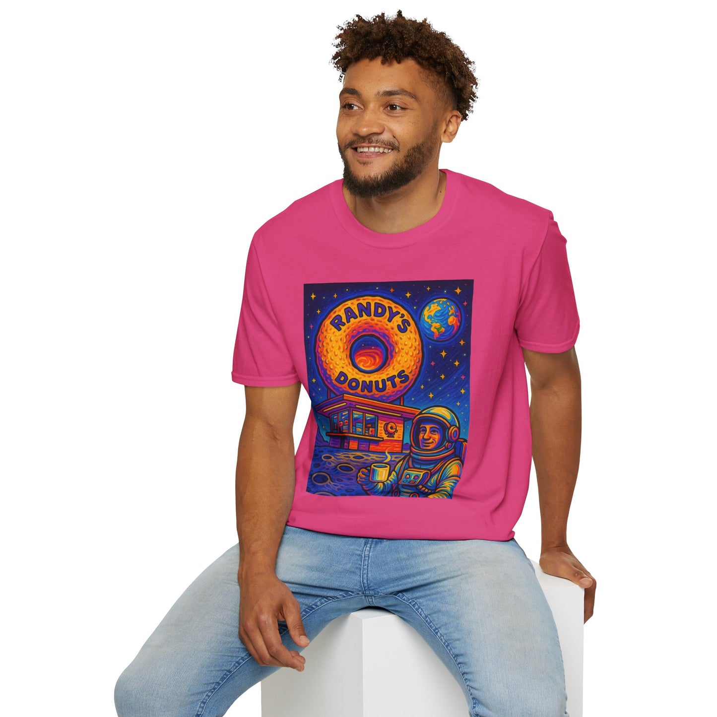 Space Donut T-Shirt – Retro Sci-Fi Astronaut Holding Coffee on the Moon – Gift for Foodies, Dreamers, and Outer Space Humor Fans